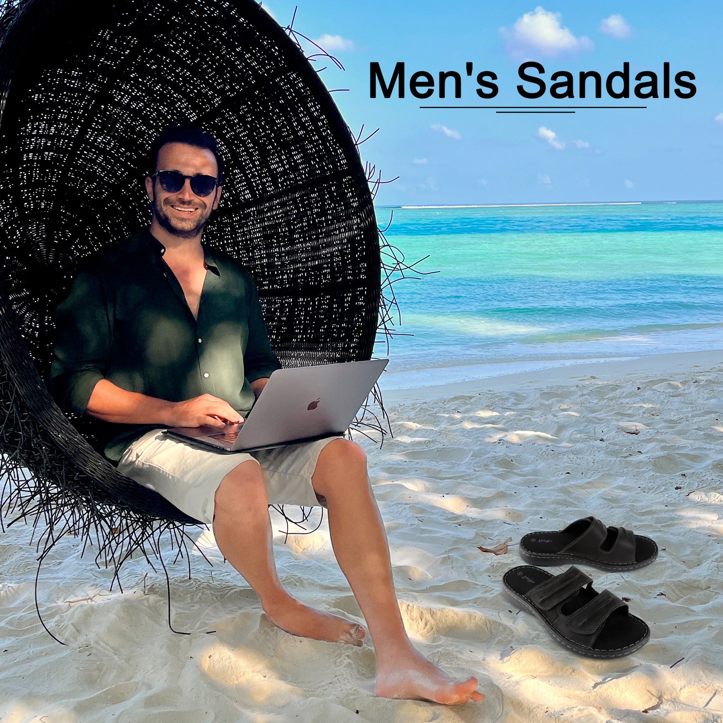 TIESTRA Mens Slide Sandal Summer Beach Indoor and Outdoor Anti-skidding Slide Slippers with Two Adjustable Leather Straps