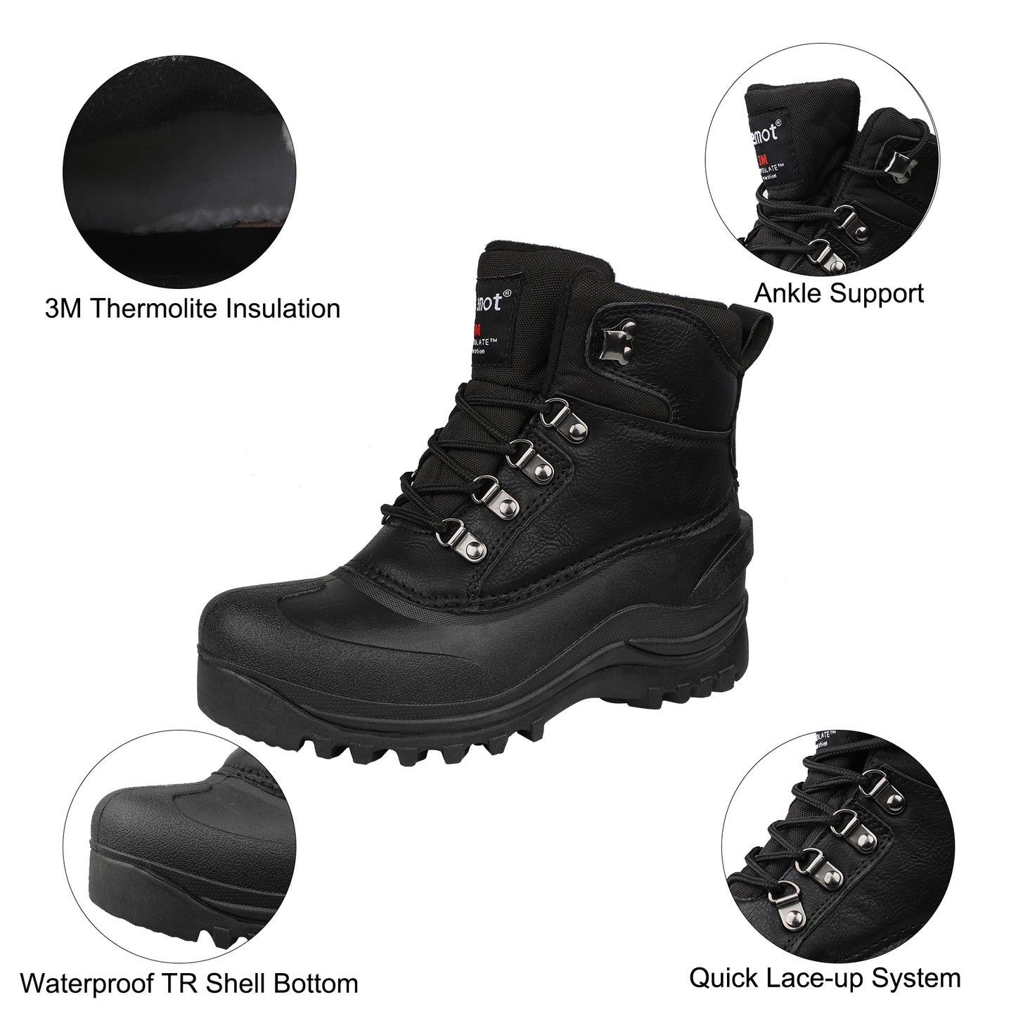 Riemot Men's Snow Boots Black Waterproof & Slip-resistant Snow Boots