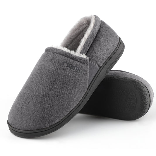 riemot Men's Suede Moccasin Slippers, Cozy Memory Foam House Shoes with Anti Skid Rubber Sole, Warm Faux Sherpa House Shoes with Dual Side Elastic Gores