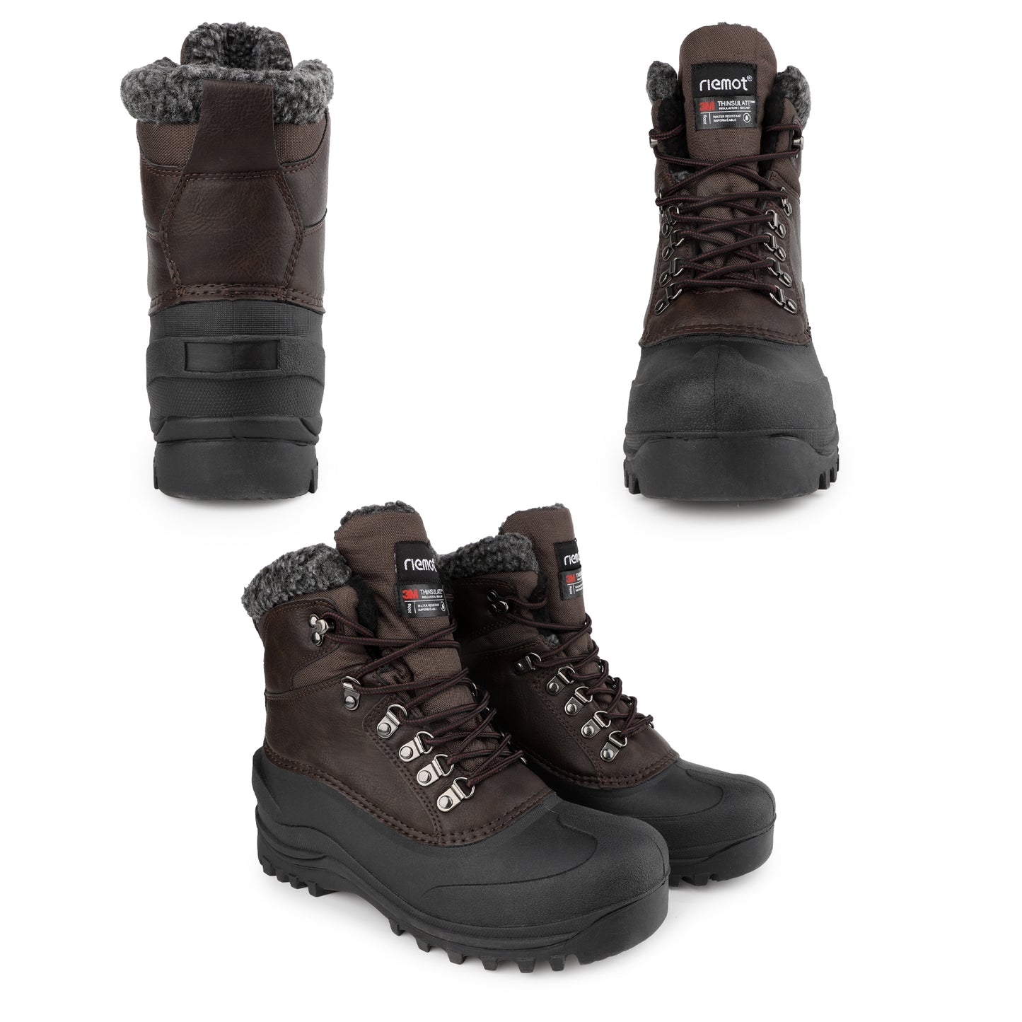 riemot Men's Snow Boots Brown Waterproof Lace-Up Winter Boots with Warm Fleece Lining