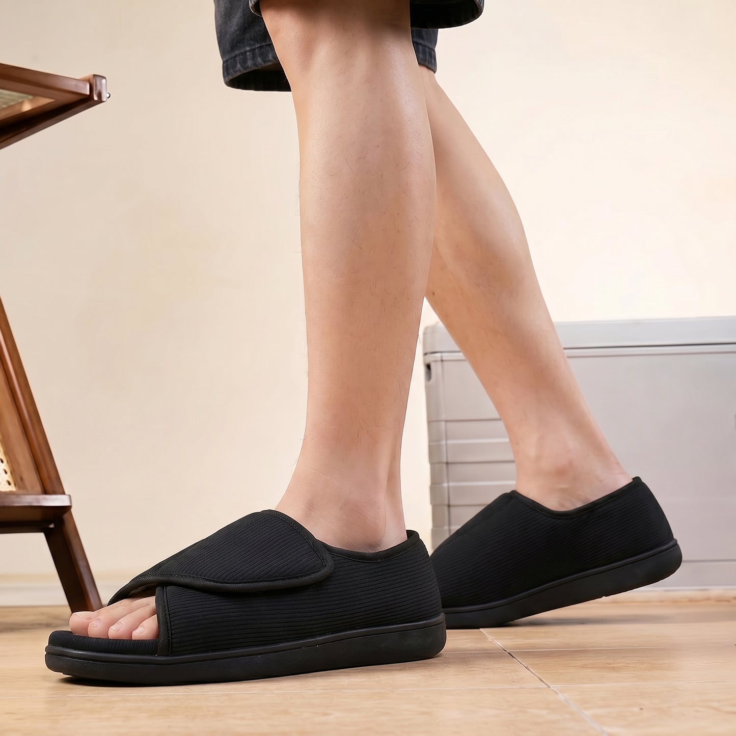 TIESTRA Open Toe Adjustable Sandals Black Wide Strap Indoor Outdoor Sandals