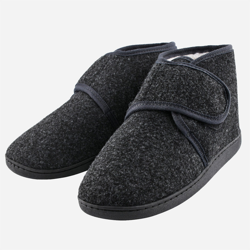 TIESTRA Warm Mens Slippers Velcro Indoor Grey Felt Slippers Men