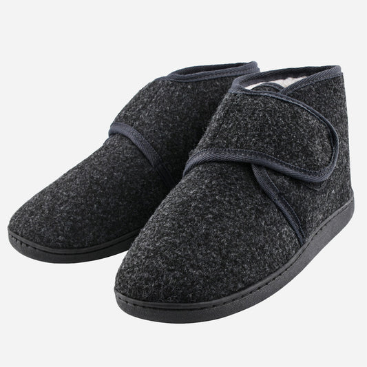 TIESTRA Warm Mens Slippers Velcro Indoor Grey Felt Slippers Men Non Slip Cosy Winter House Shoes Wide Fit Slippers Boots