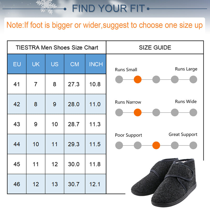 TIESTRA Warm Mens Slippers Velcro Indoor Grey Felt Slippers Men Non Slip Cosy Winter House Shoes Wide Fit Slippers Boots