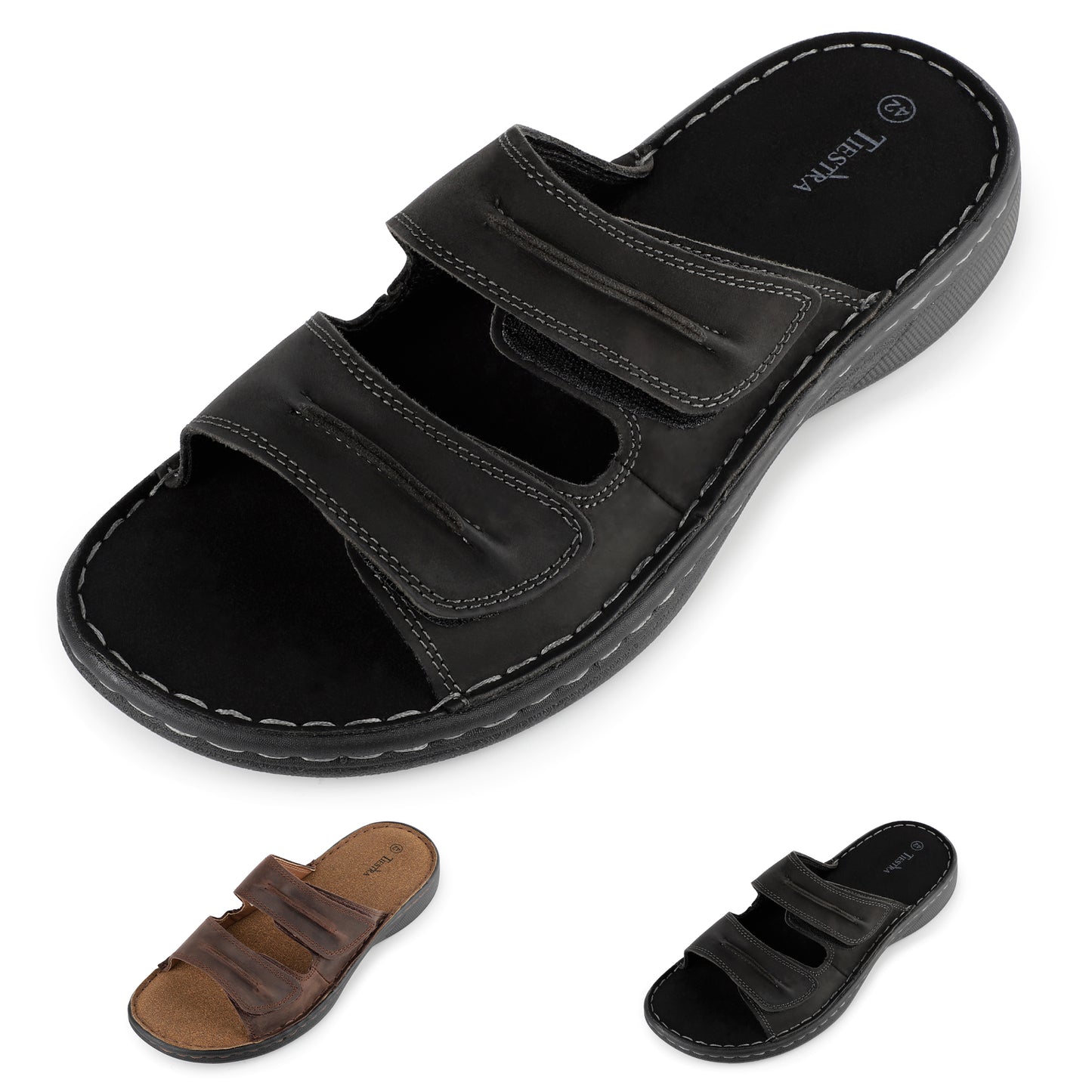 TIESTRA Mens Slide Sandal Summer Beach Indoor and Outdoor Anti-skidding Slide Slippers with Two Adjustable Leather Straps