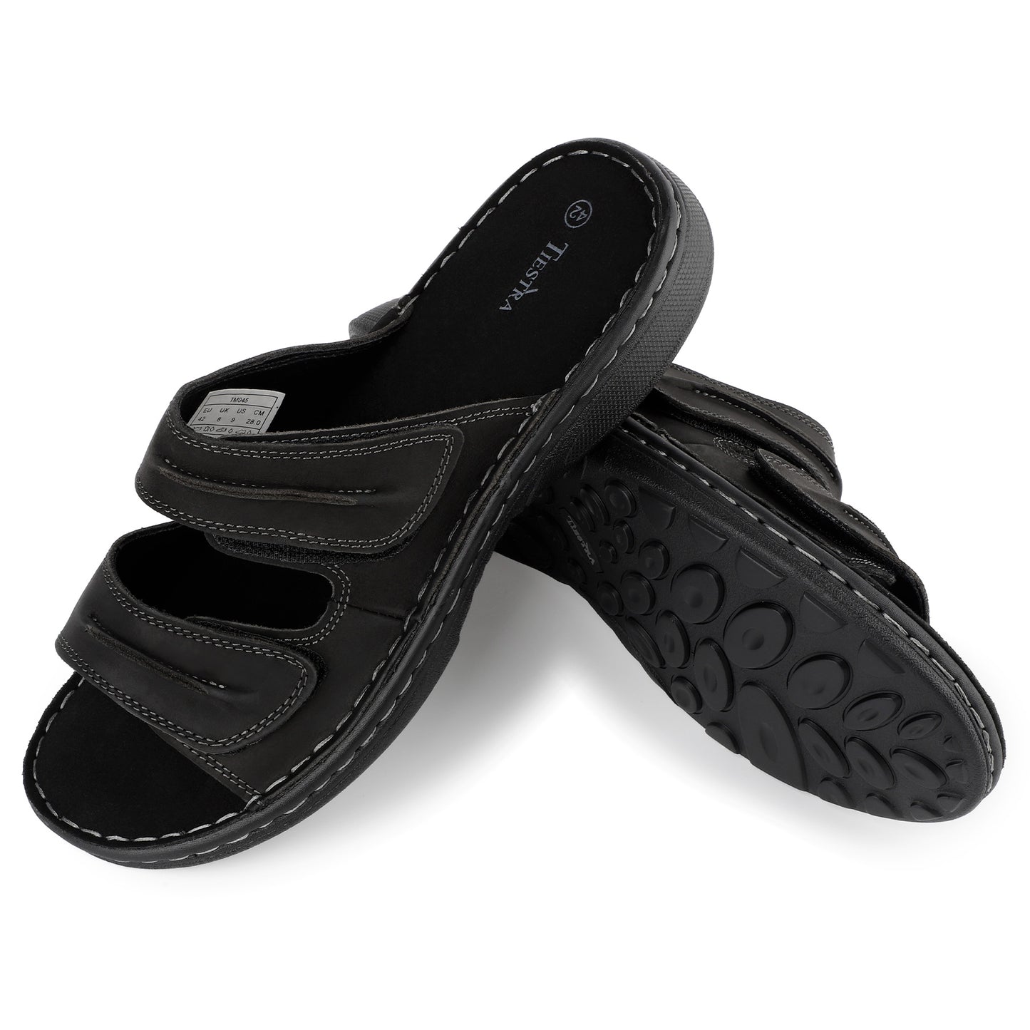 TIESTRA Mens Slide Sandal Summer Beach Indoor and Outdoor Anti-skidding Slide Slippers with Two Adjustable Leather Straps