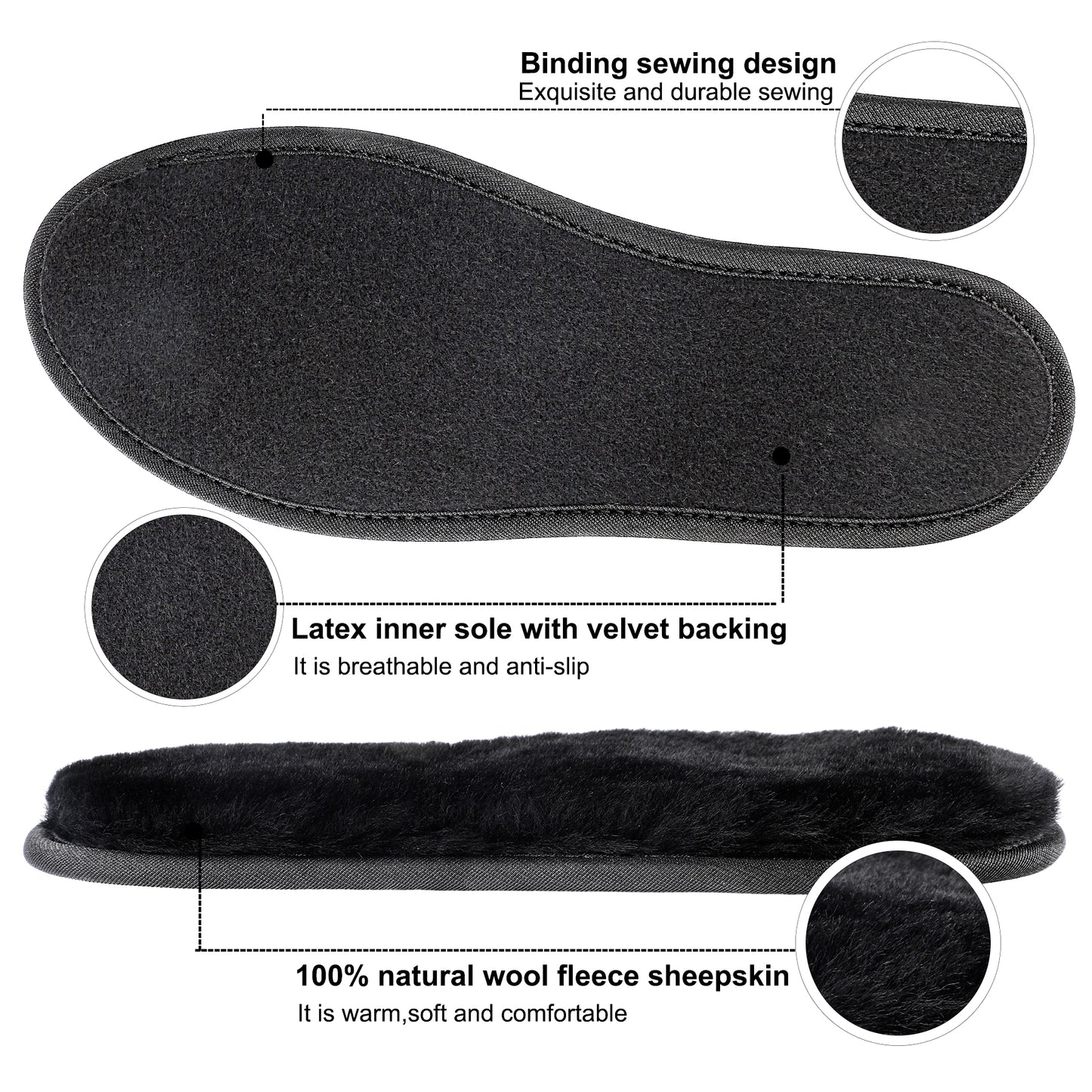riemot Sheepskin Insoles for Men Women and Kids, Black Wide, Super Thick Premium Lambswool Insoles for Wellies Slippers Boots