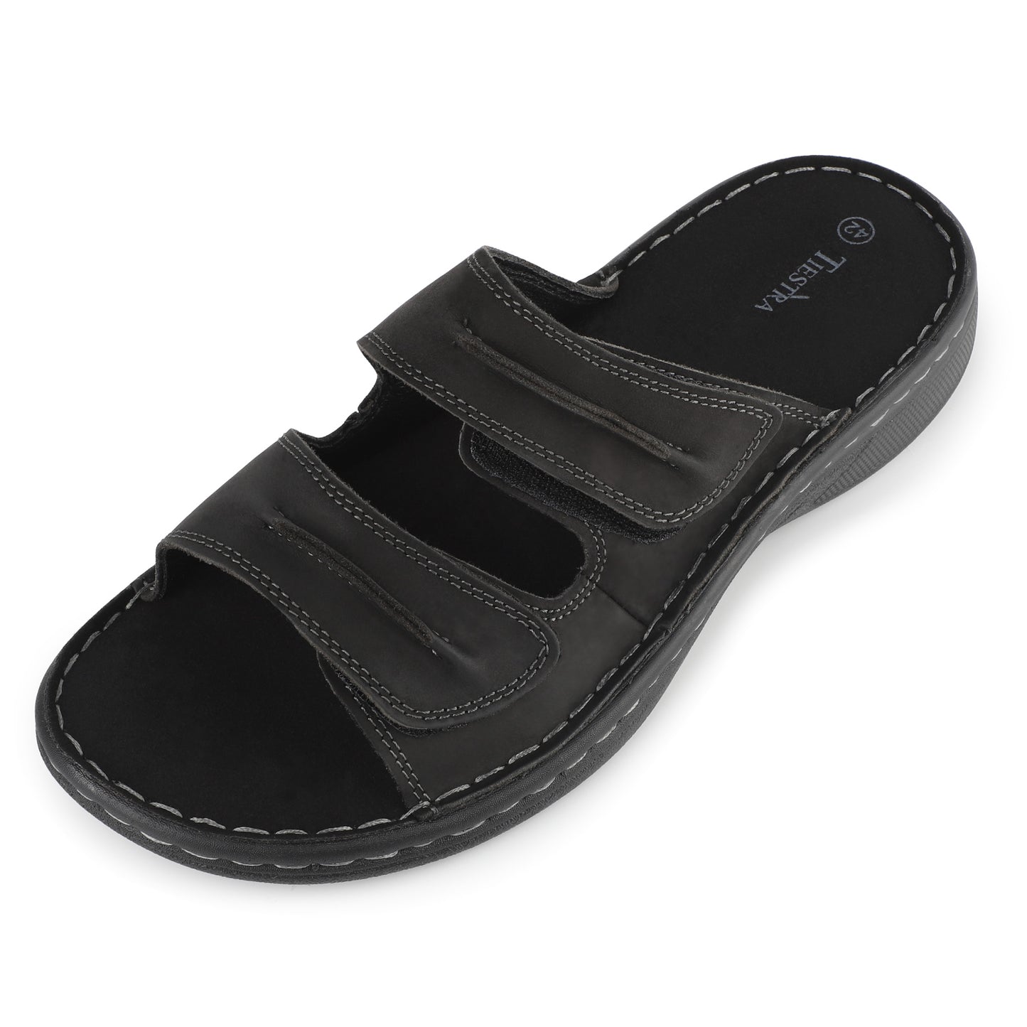 TIESTRA Mens Slide Sandal Summer Beach Indoor and Outdoor Anti-skidding Slide Slippers with Two Adjustable Leather Straps