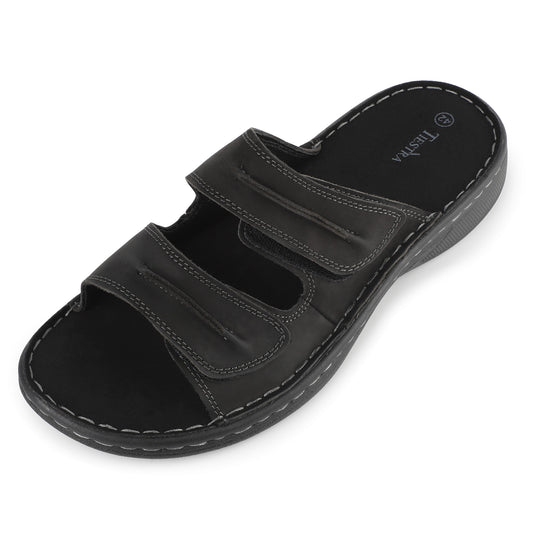 TIESTRA Mens Slide Sandal Summer Beach Indoor and Outdoor Anti-skidding Slide Slippers with Two Adjustable Leather Straps