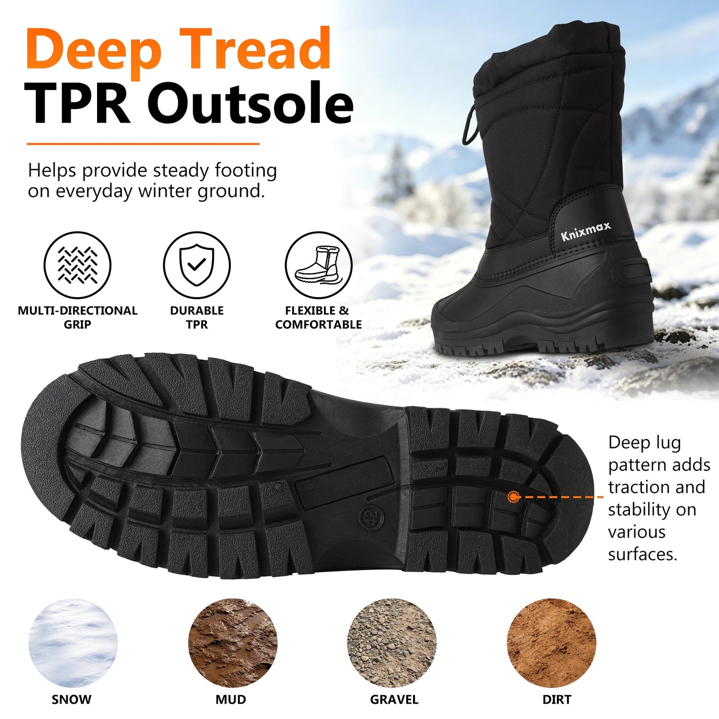 Knixmax Men’s Waterproof Winter Snow Boots – Insulated Mid-Calf Cold Weather Boots