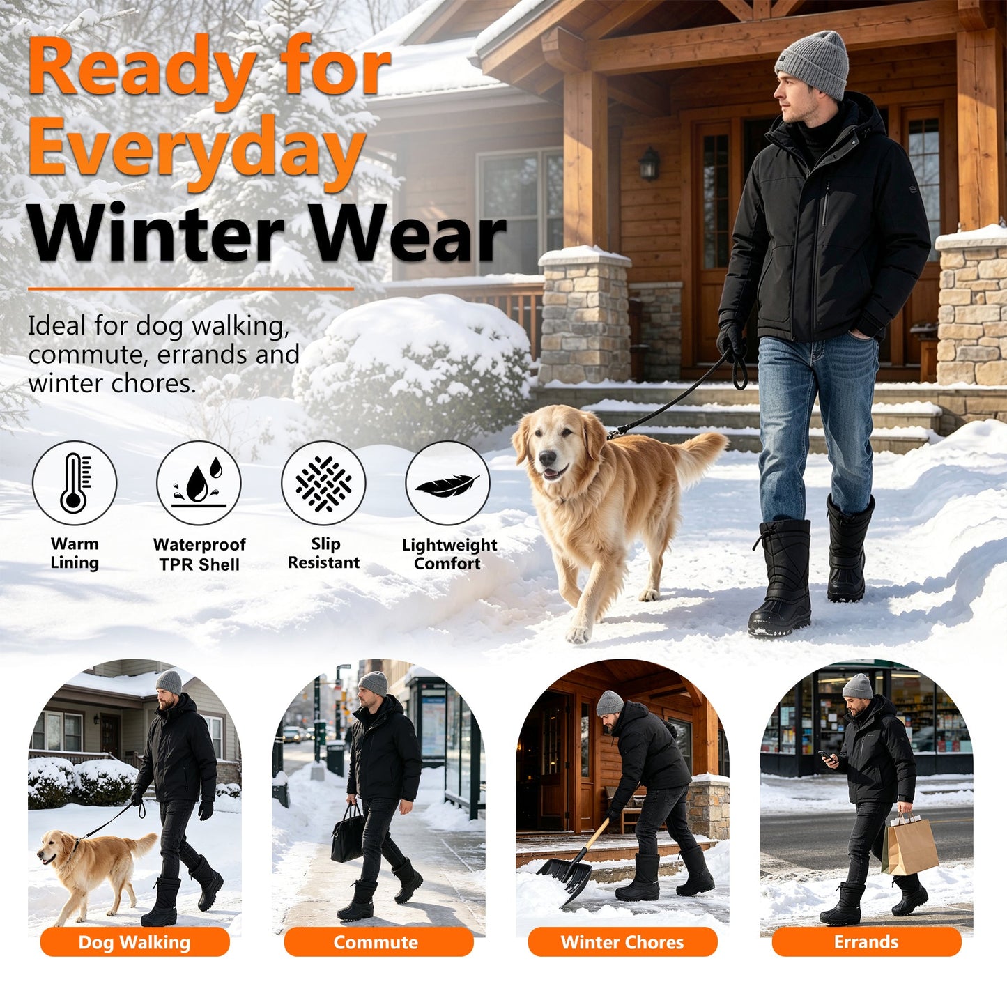 Knixmax Men’s Waterproof Winter Snow Boots – Insulated Mid-Calf Cold Weather Boots