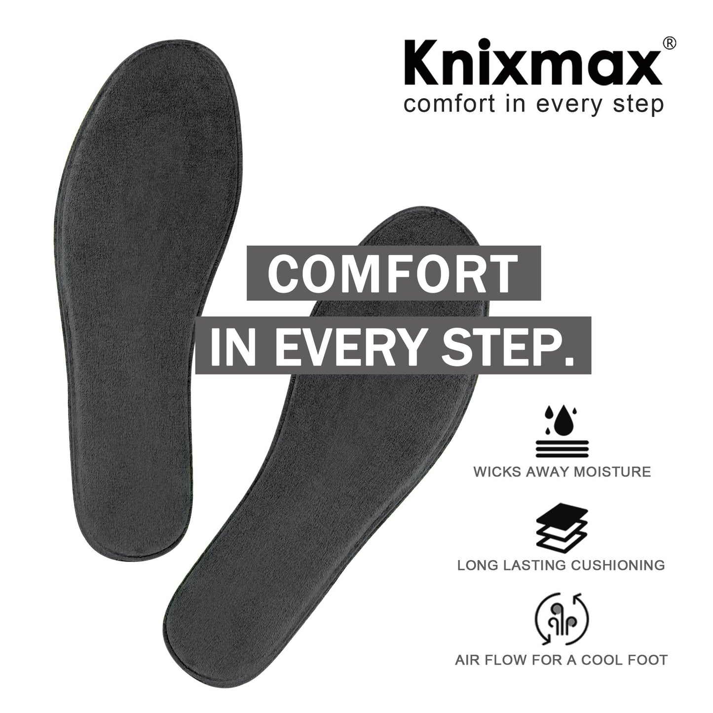 Knixmax Men & Women's Memory Foam Insoles, Grey, for Athletic Shoes & Sneakers