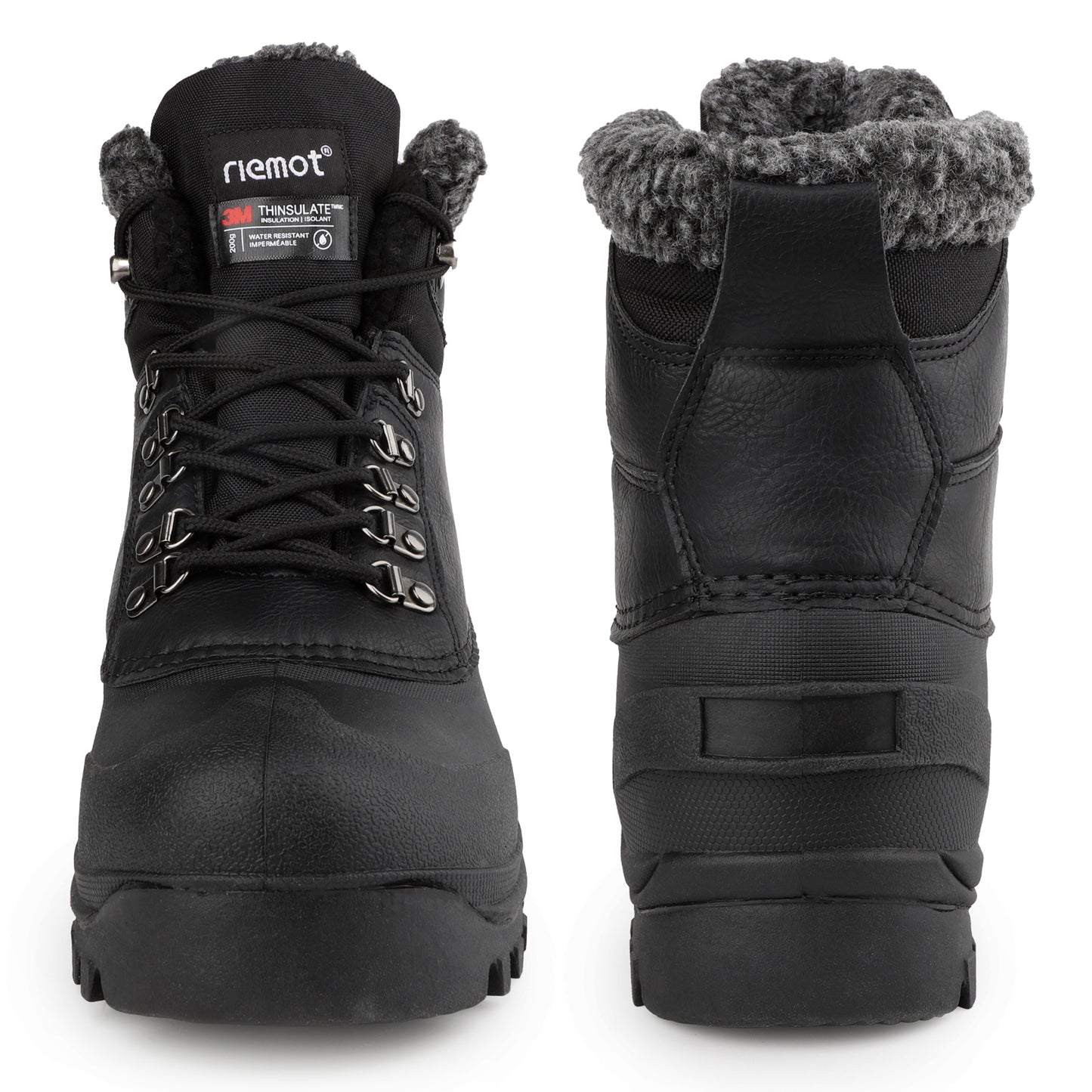 riemot Men's Snow Boots Black Waterproof Lace-Up Winter Boots with Warm Fleece Lining