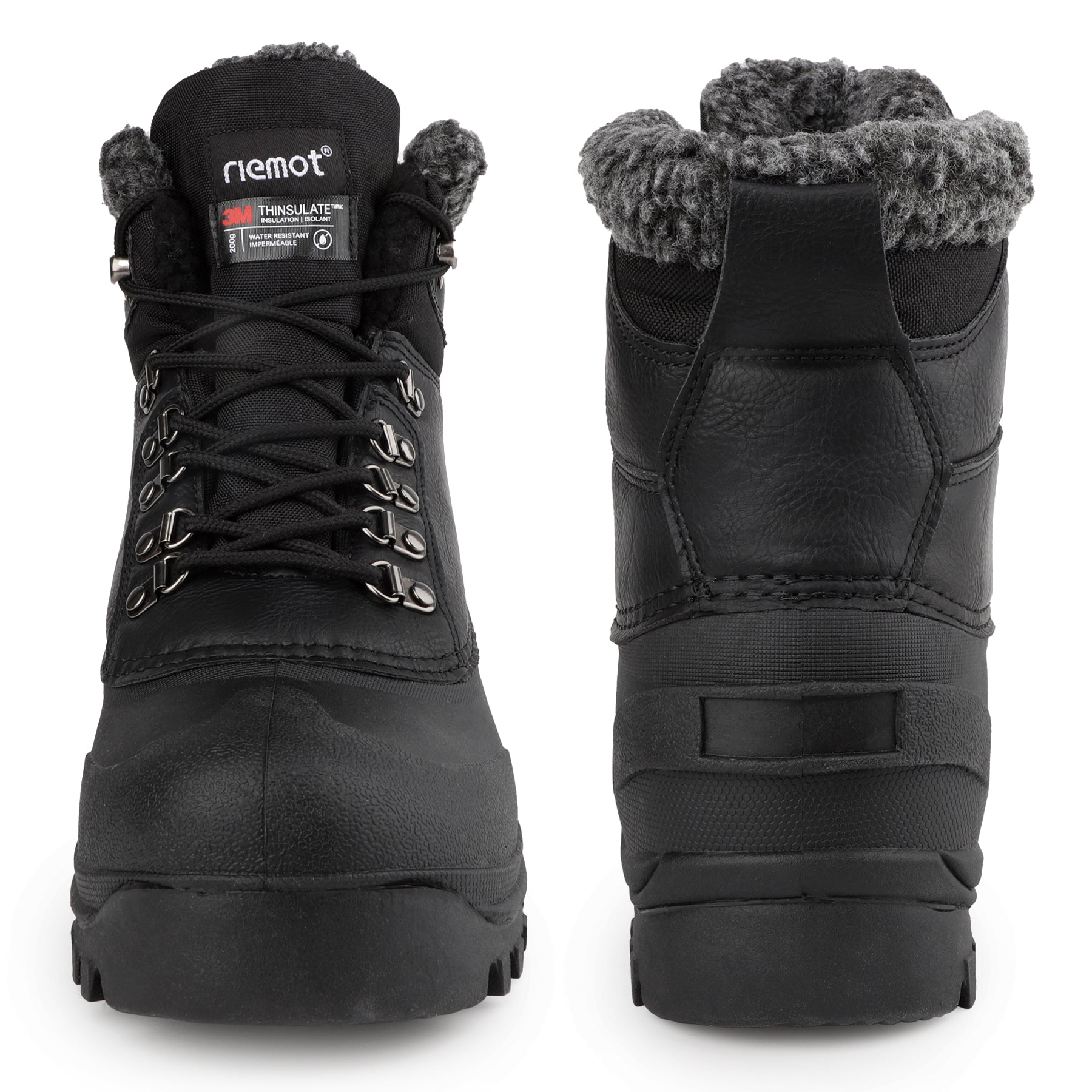 riemot Men's Snow Boots Black Waterproof Lace-Up Winter Boots with Warm Fleece Lining