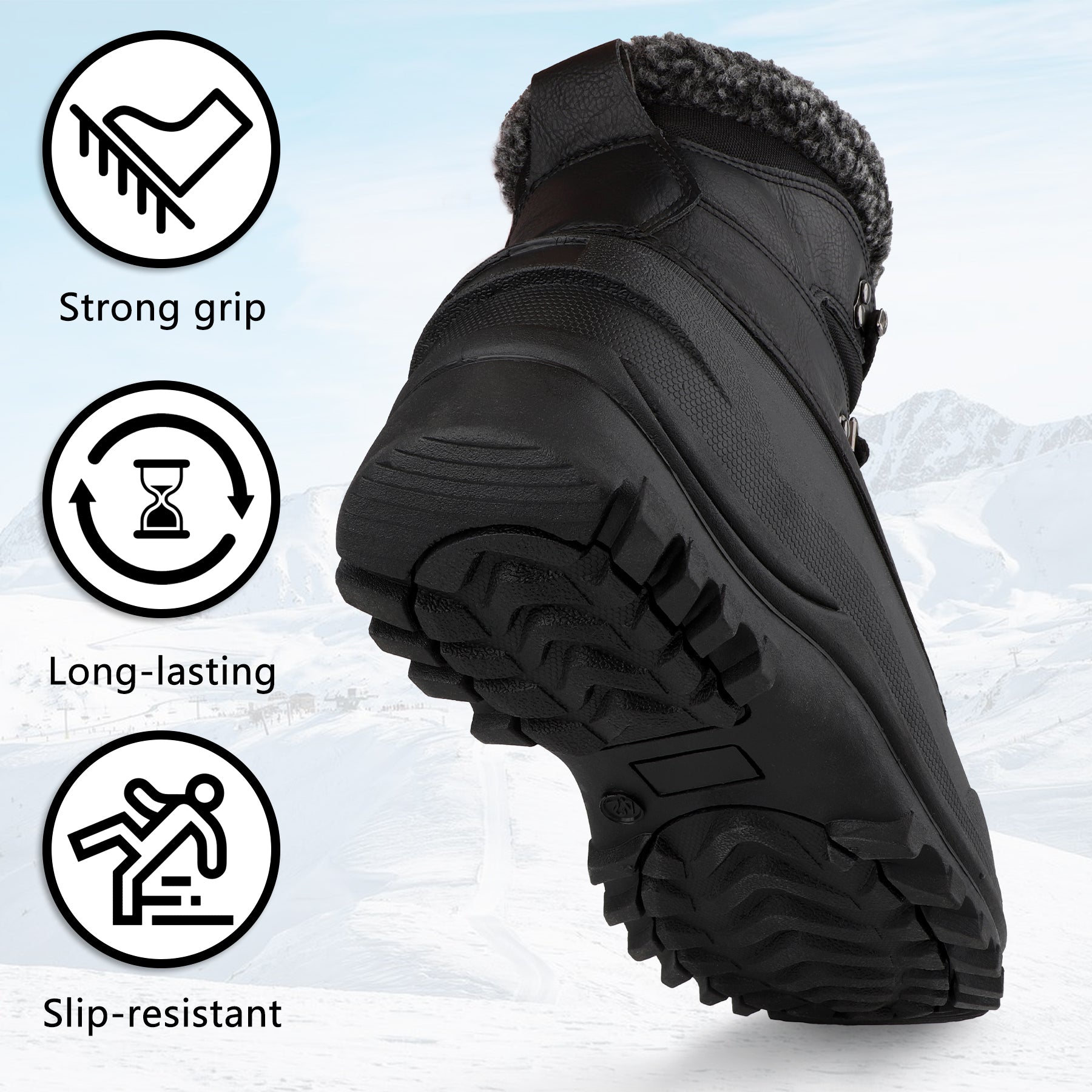 riemot Men's Snow Boots Black Waterproof Lace-Up Winter Boots with Warm Fleece Lining