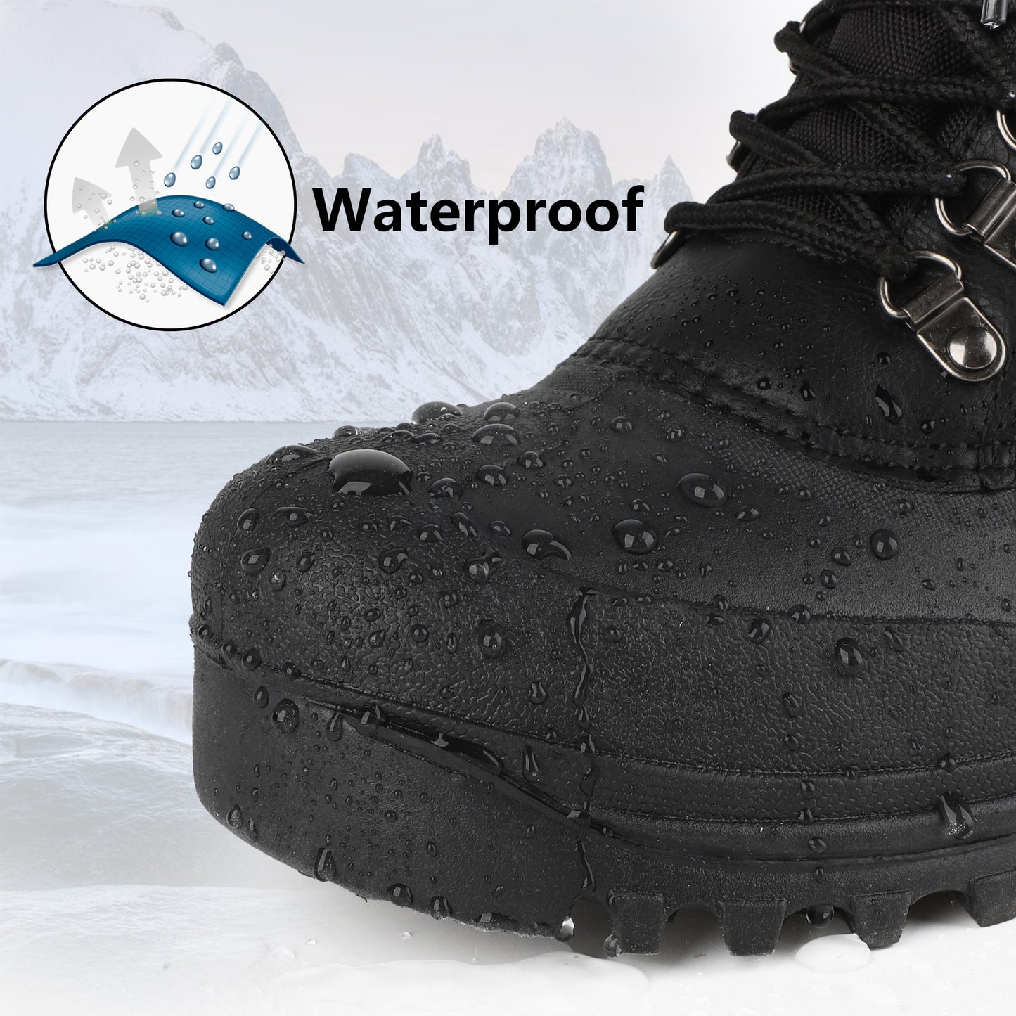 riemot Men's Snow Boots Black Waterproof Lace-Up Winter Boots with Warm Fleece Lining