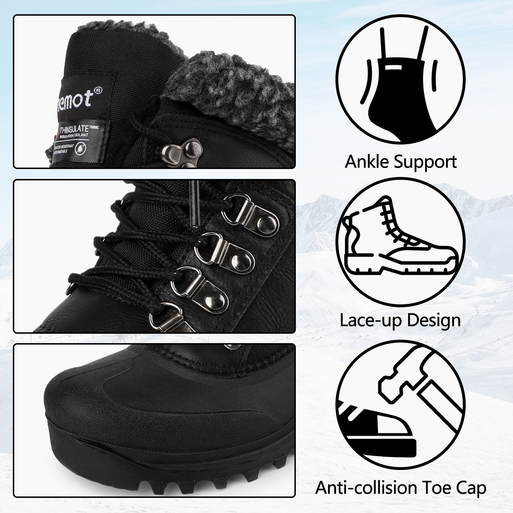 riemot Men's Snow Boots Black Waterproof Lace-Up Winter Boots with Warm Fleece Lining