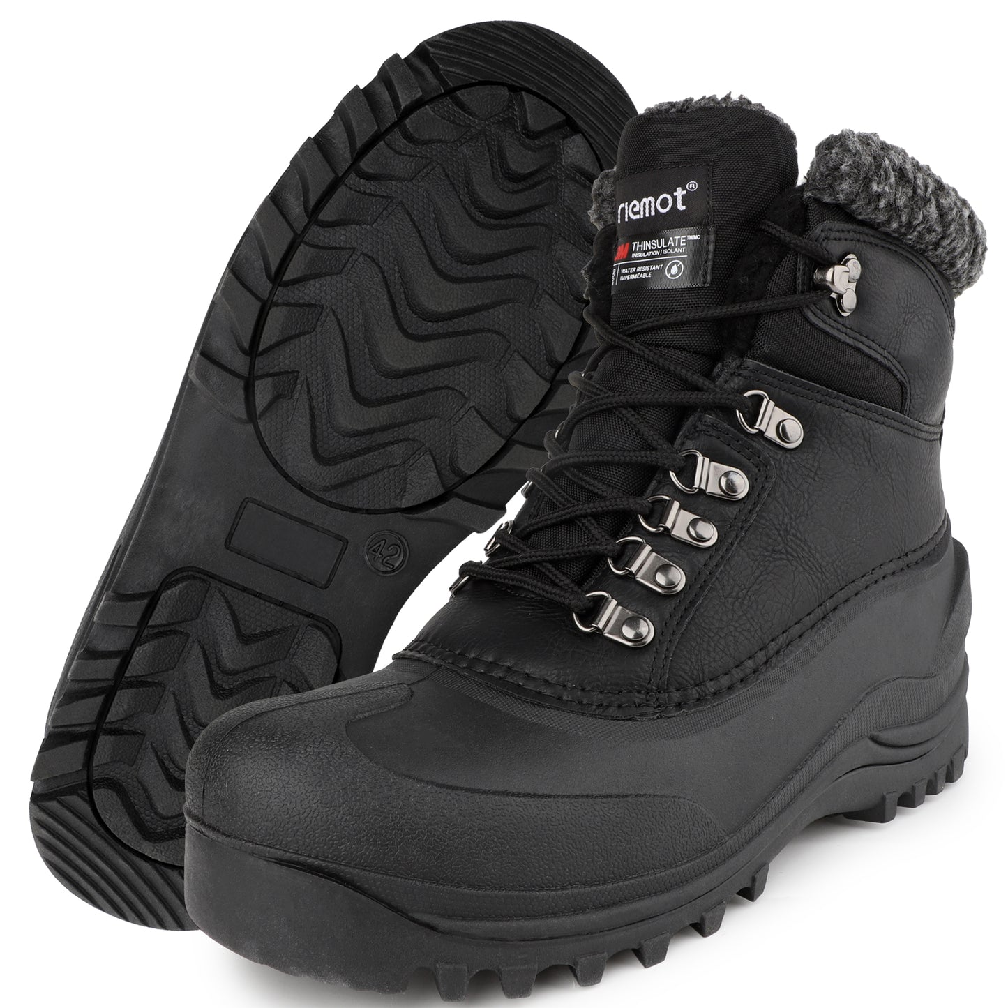riemot Men's Snow Boots Black Waterproof Lace-Up Winter Boots with Warm Fleece Lining