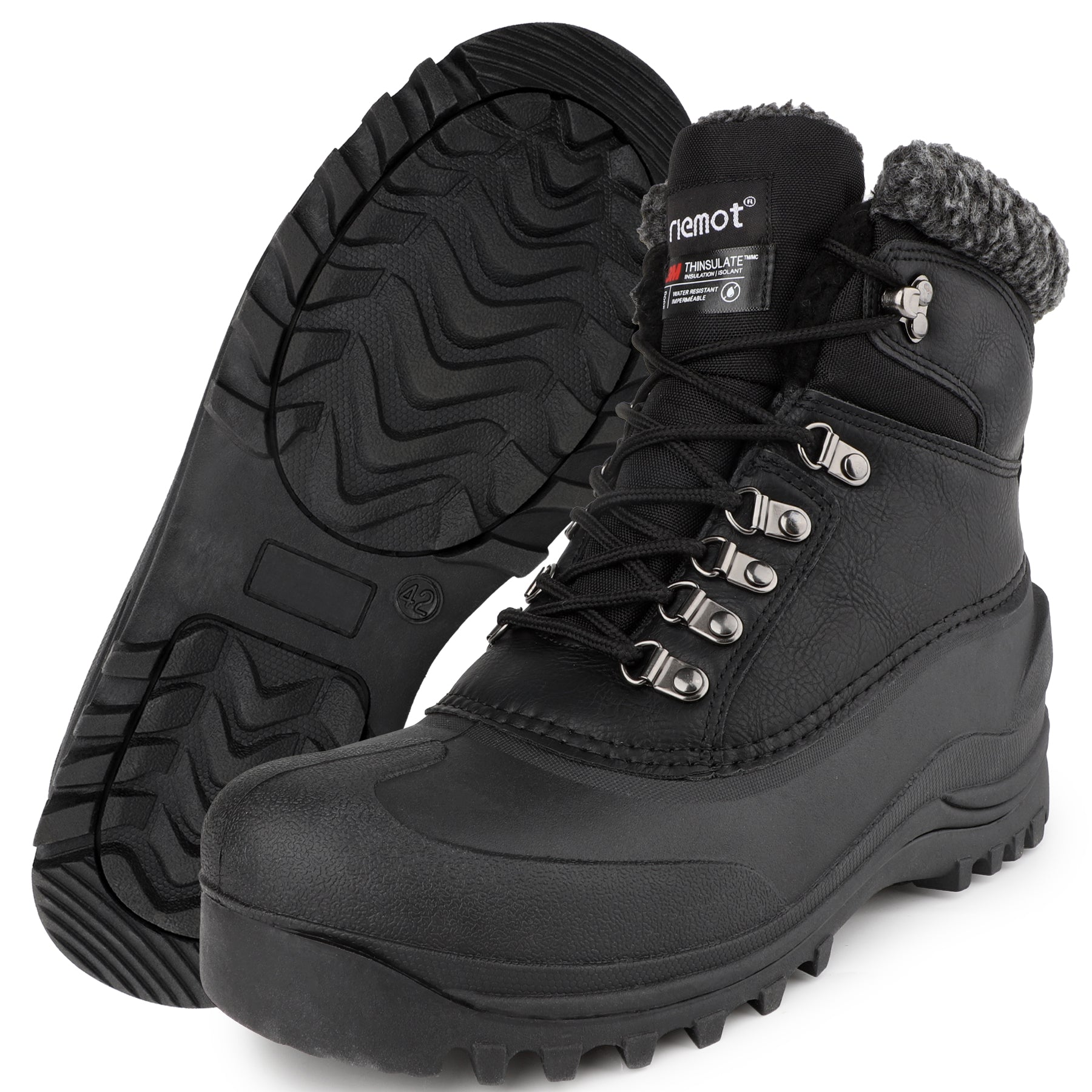 riemot Men's Snow Boots Black Waterproof Lace-Up Winter Boots with Warm Fleece Lining