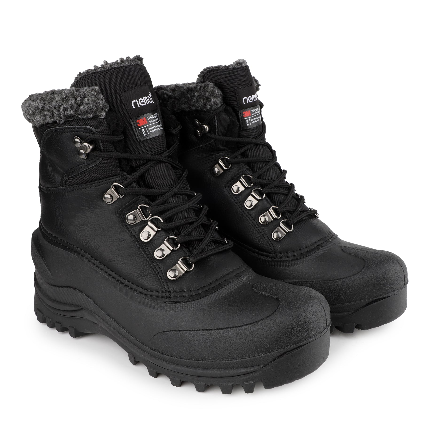 riemot Men's Snow Boots Black Waterproof Lace-Up Winter Boots with Warm Fleece Lining