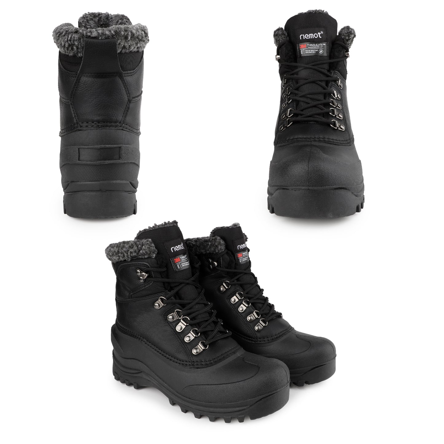 riemot Men's Snow Boots Black Waterproof Lace-Up Winter Boots with Warm Fleece Lining