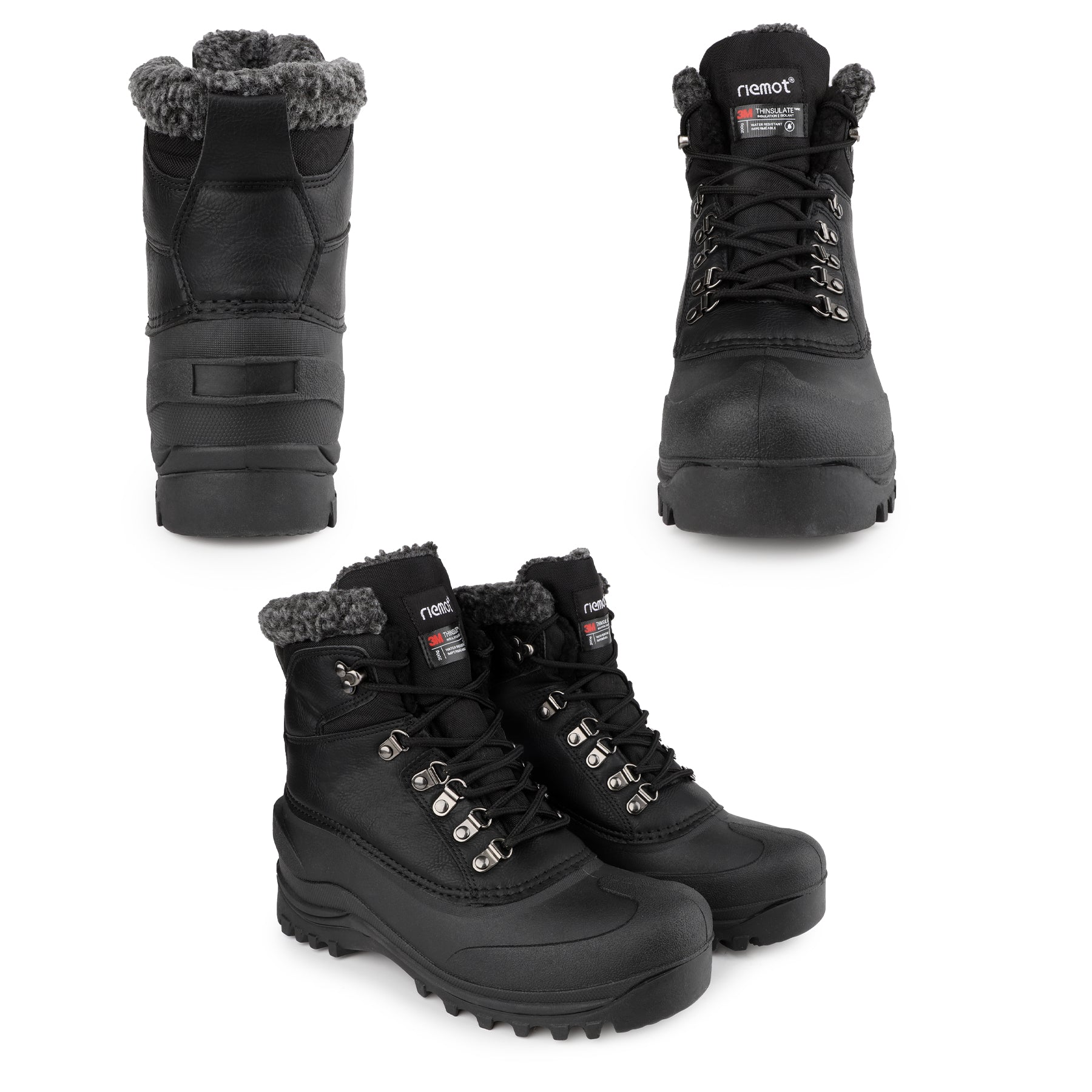 riemot Men's Snow Boots Black Waterproof Lace-Up Winter Boots with Warm Fleece Lining