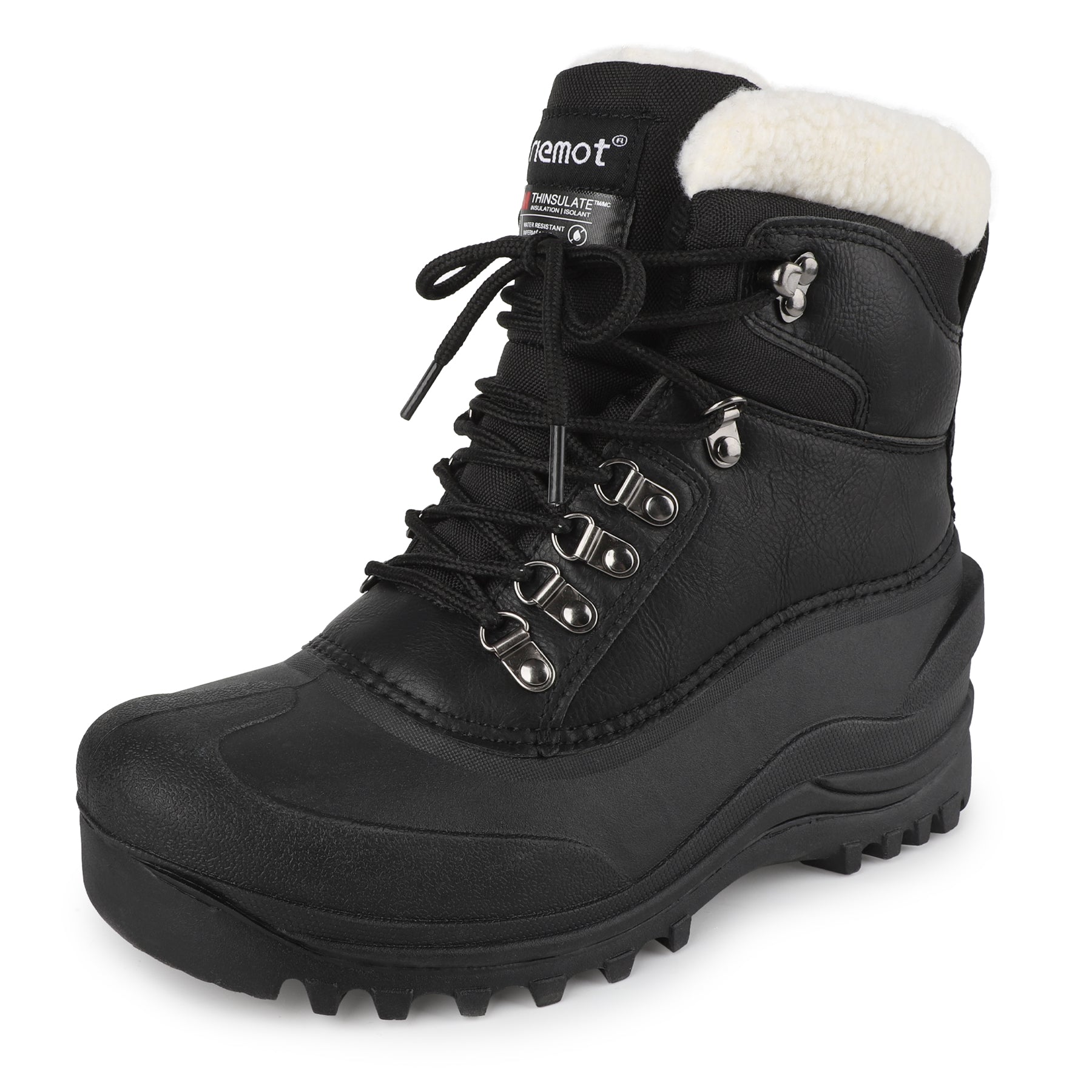 riemot Women's Snow Boots Black Waterproof Lace-Up Winter Boots with Faux Fur Lining