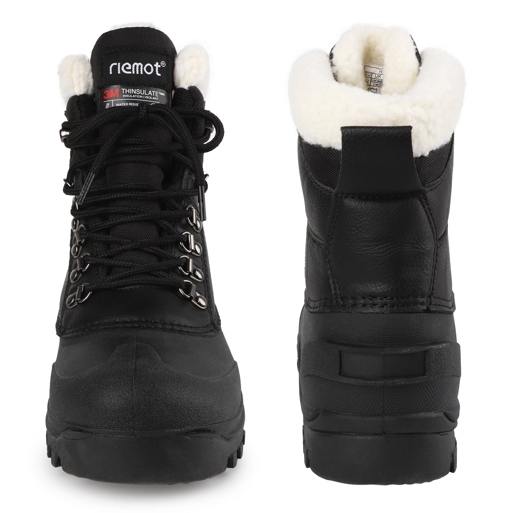 riemot Women's Snow Boots Black Waterproof Lace-Up Winter Boots with Faux Fur Lining