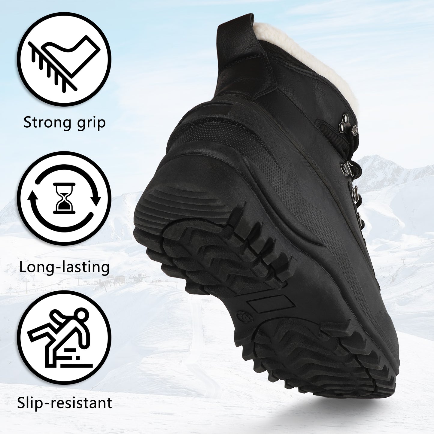 riemot Women's Snow Boots Black Waterproof Lace-Up Winter Boots with Faux Fur Lining
