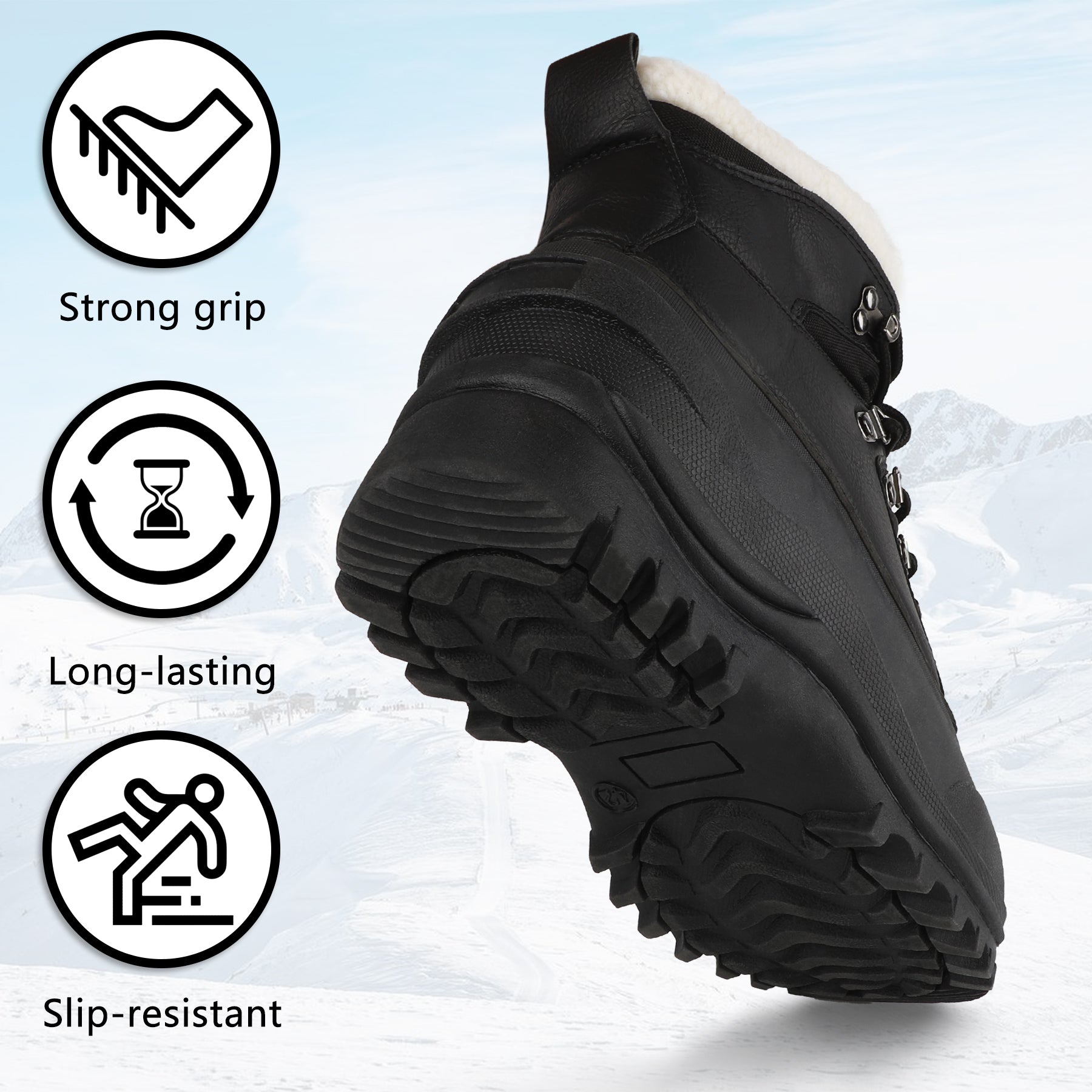 riemot Women's Snow Boots Black Waterproof Lace-Up Winter Boots with Faux Fur Lining