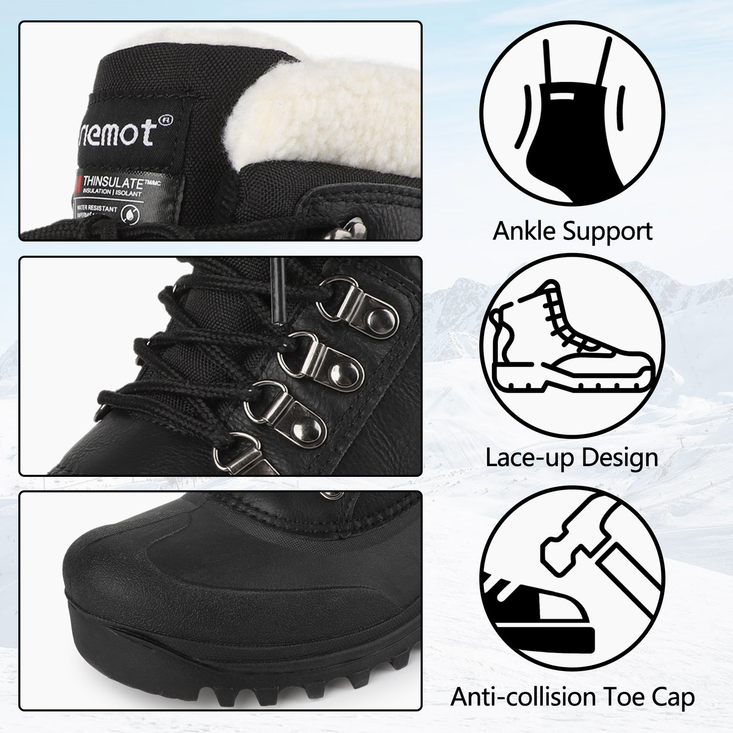 riemot Women's Snow Boots Black Waterproof Lace-Up Winter Boots with Faux Fur Lining