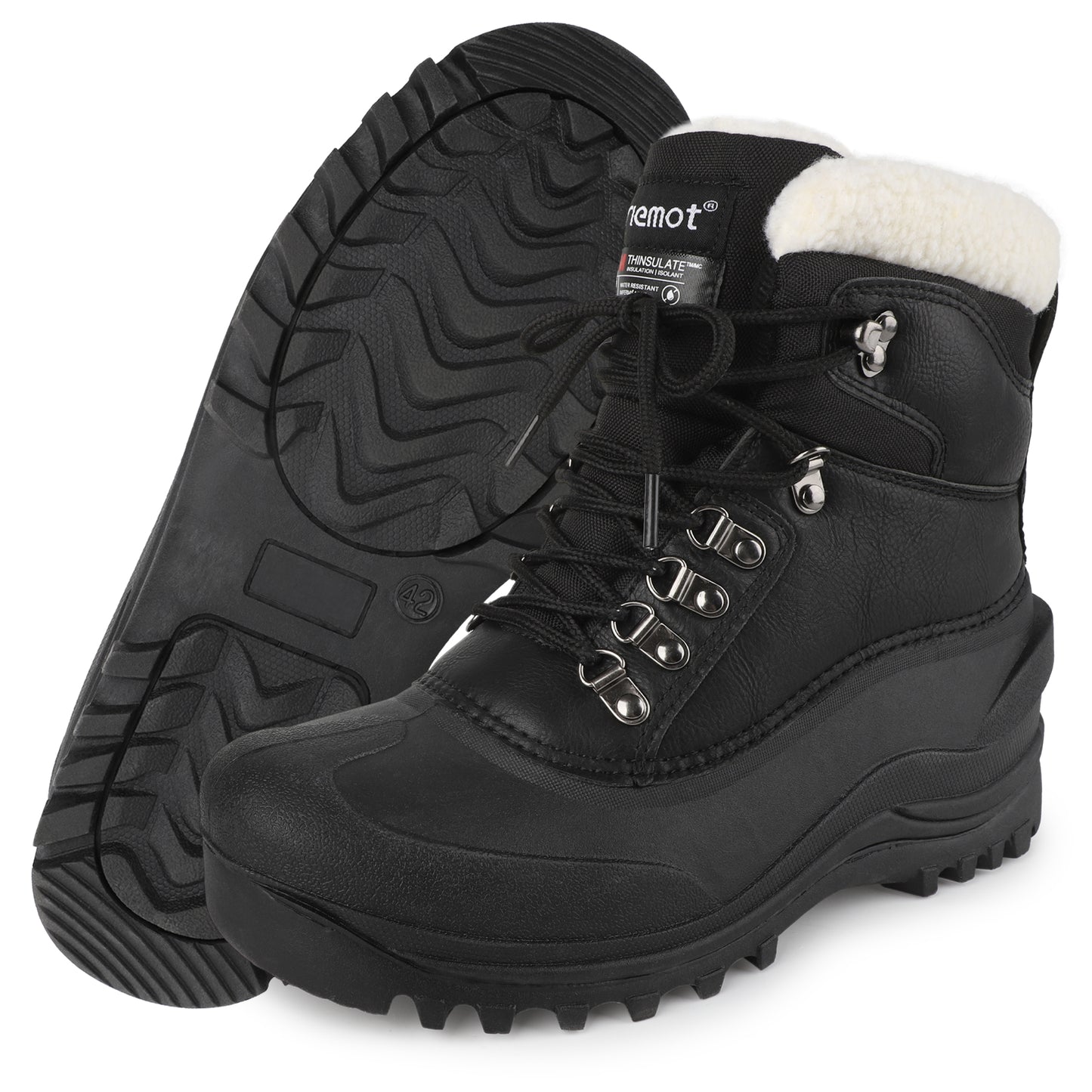 riemot Women's Snow Boots Black Waterproof Lace-Up Winter Boots with Faux Fur Lining