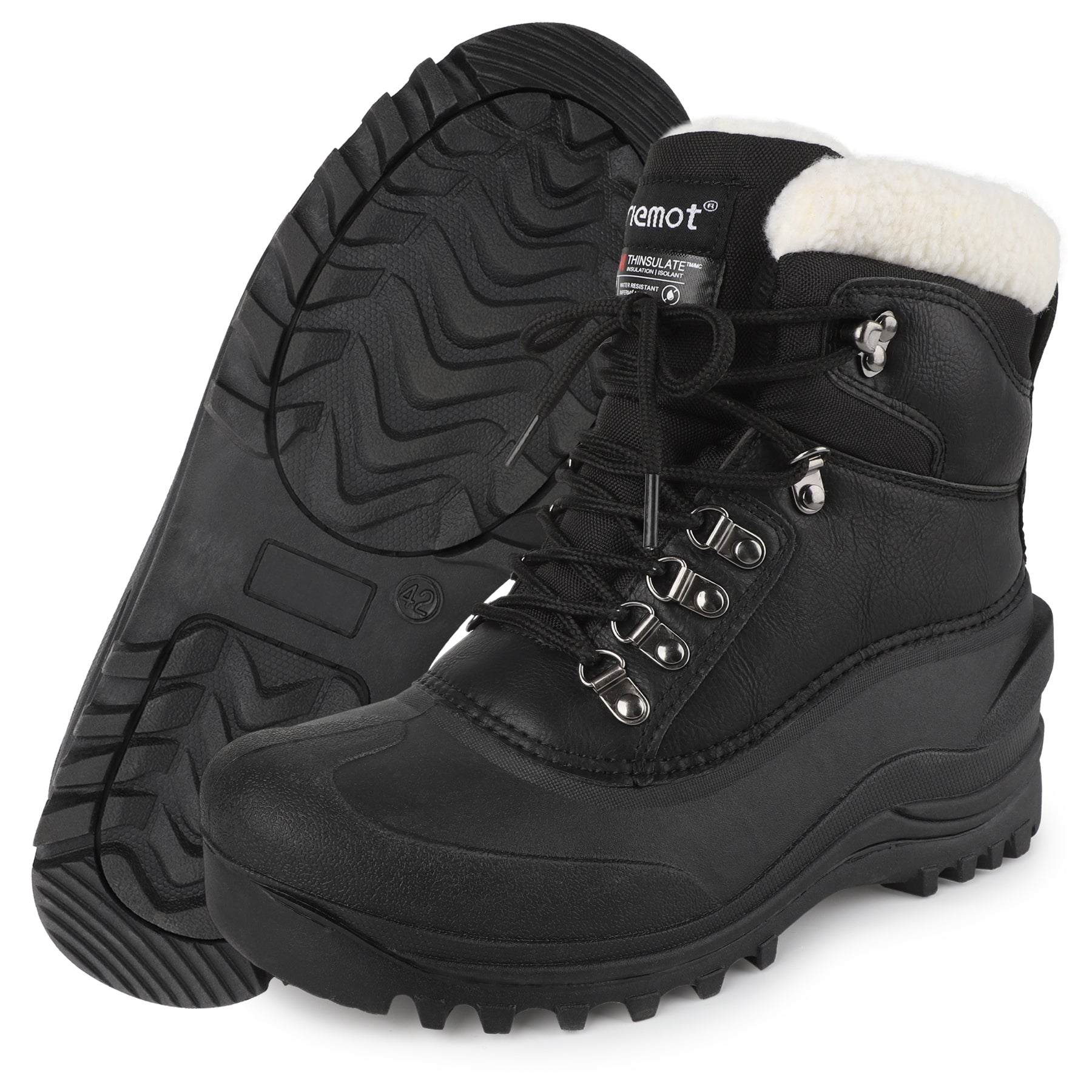 riemot Women's Snow Boots Black Waterproof Lace-Up Winter Boots with Faux Fur Lining