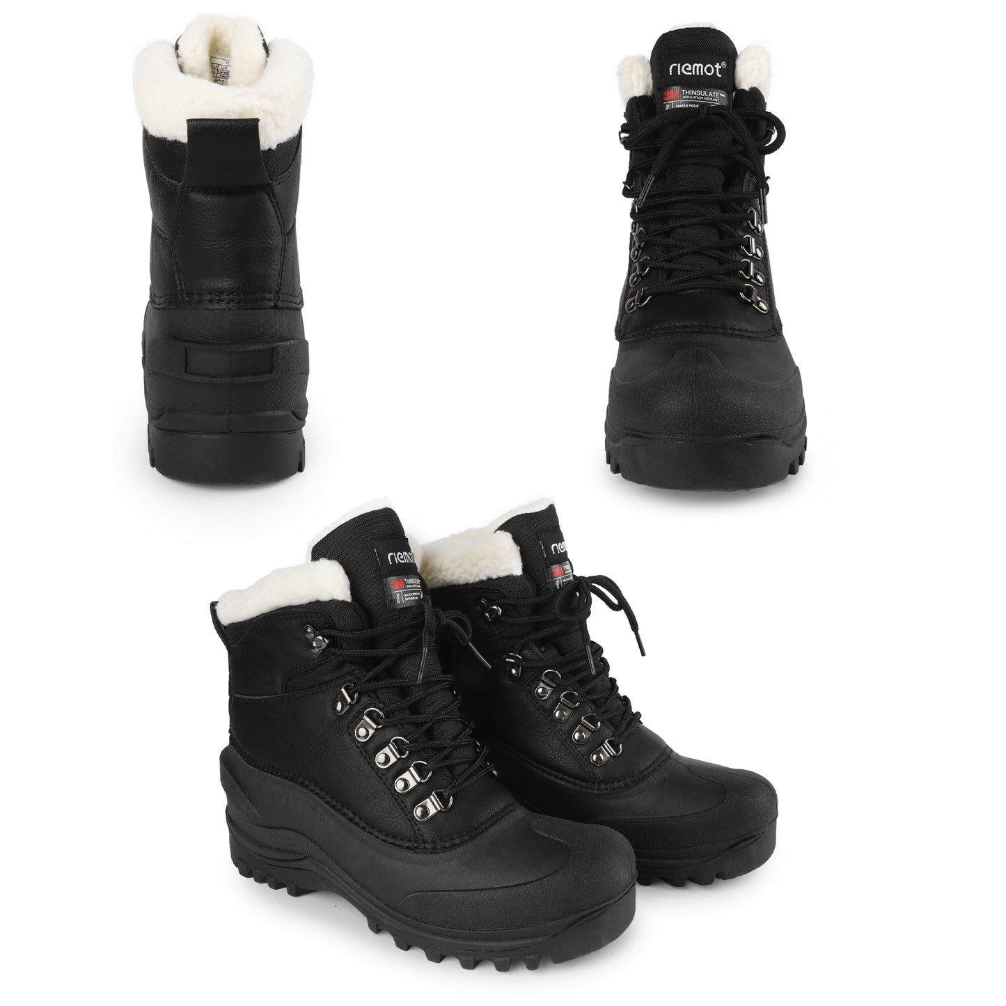 riemot Women's Snow Boots Black Waterproof Lace-Up Winter Boots with Faux Fur Lining