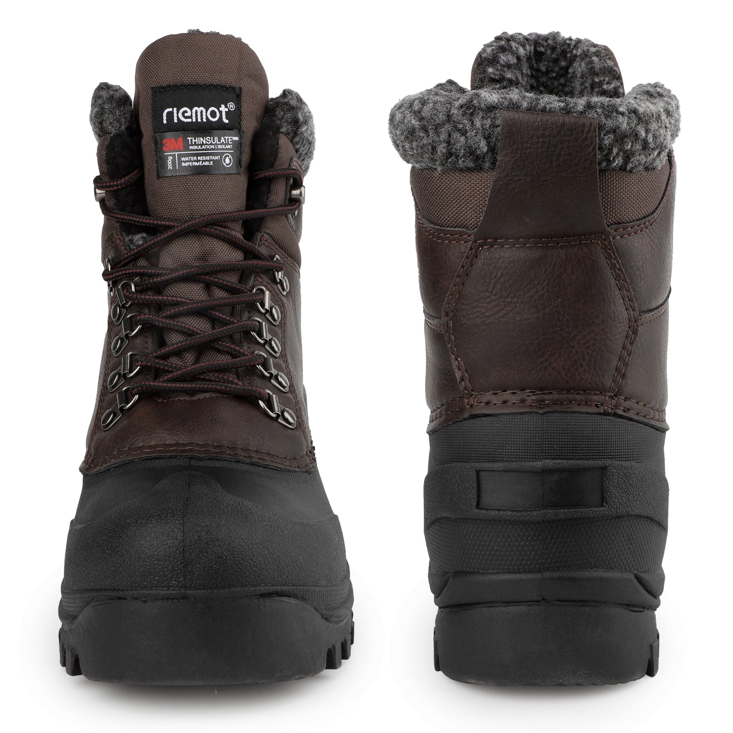 riemot Men's Snow Boots Brown Waterproof Lace-Up Winter Boots with Warm Fleece Lining