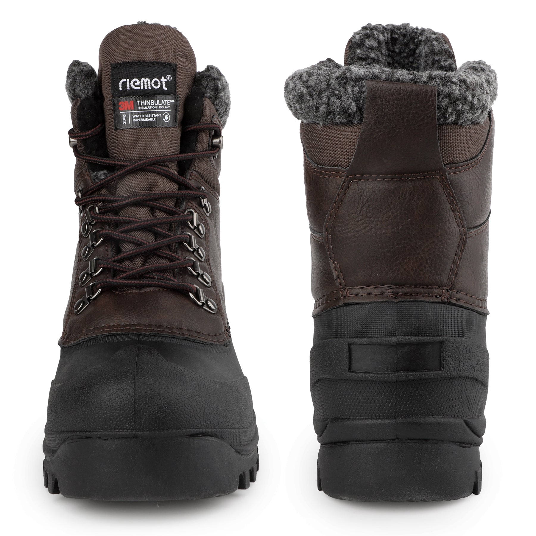 riemot Men's Snow Boots Brown Waterproof Lace-Up Winter Boots with Warm Fleece Lining
