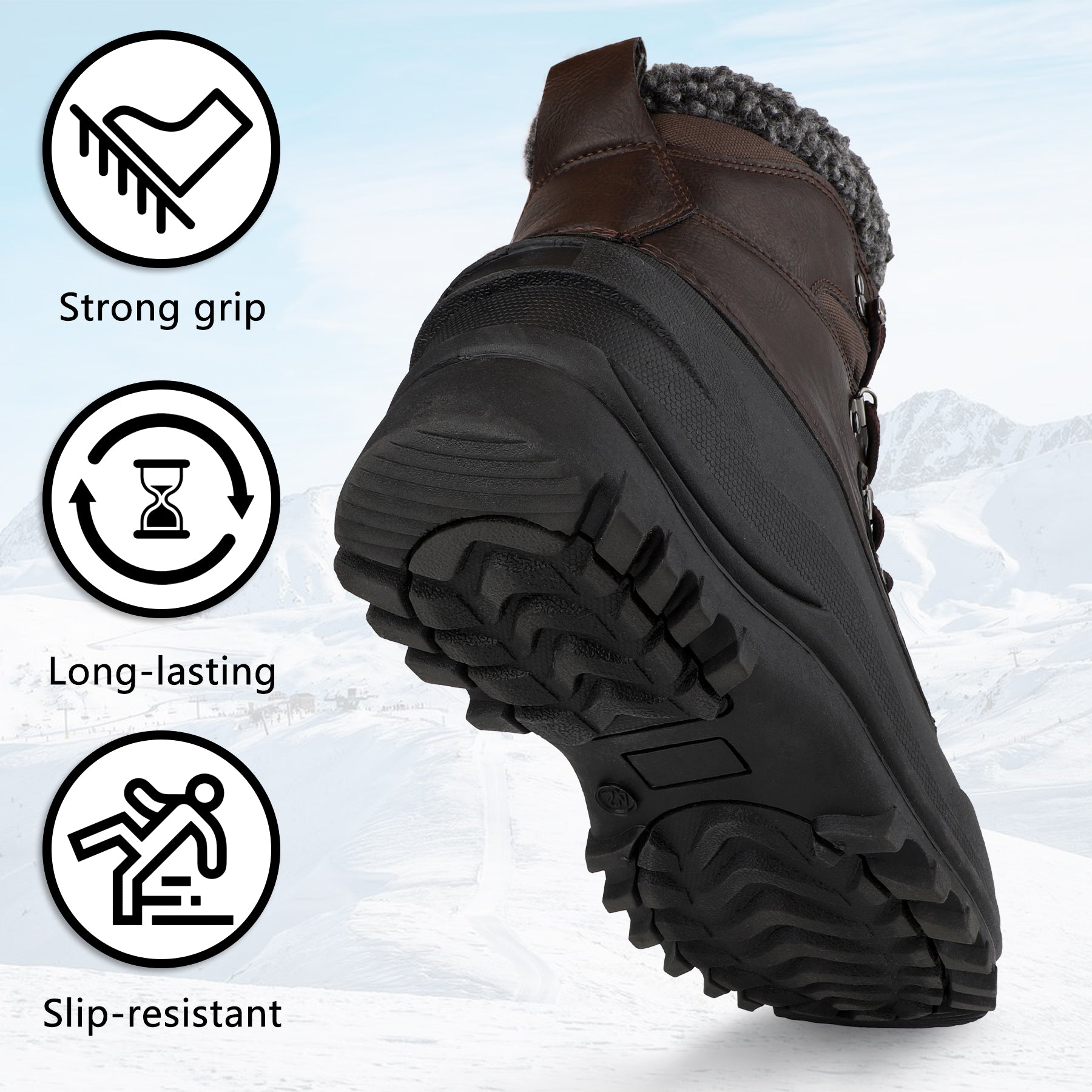 riemot Men's Snow Boots Brown Waterproof Lace-Up Winter Boots with Warm Fleece Lining