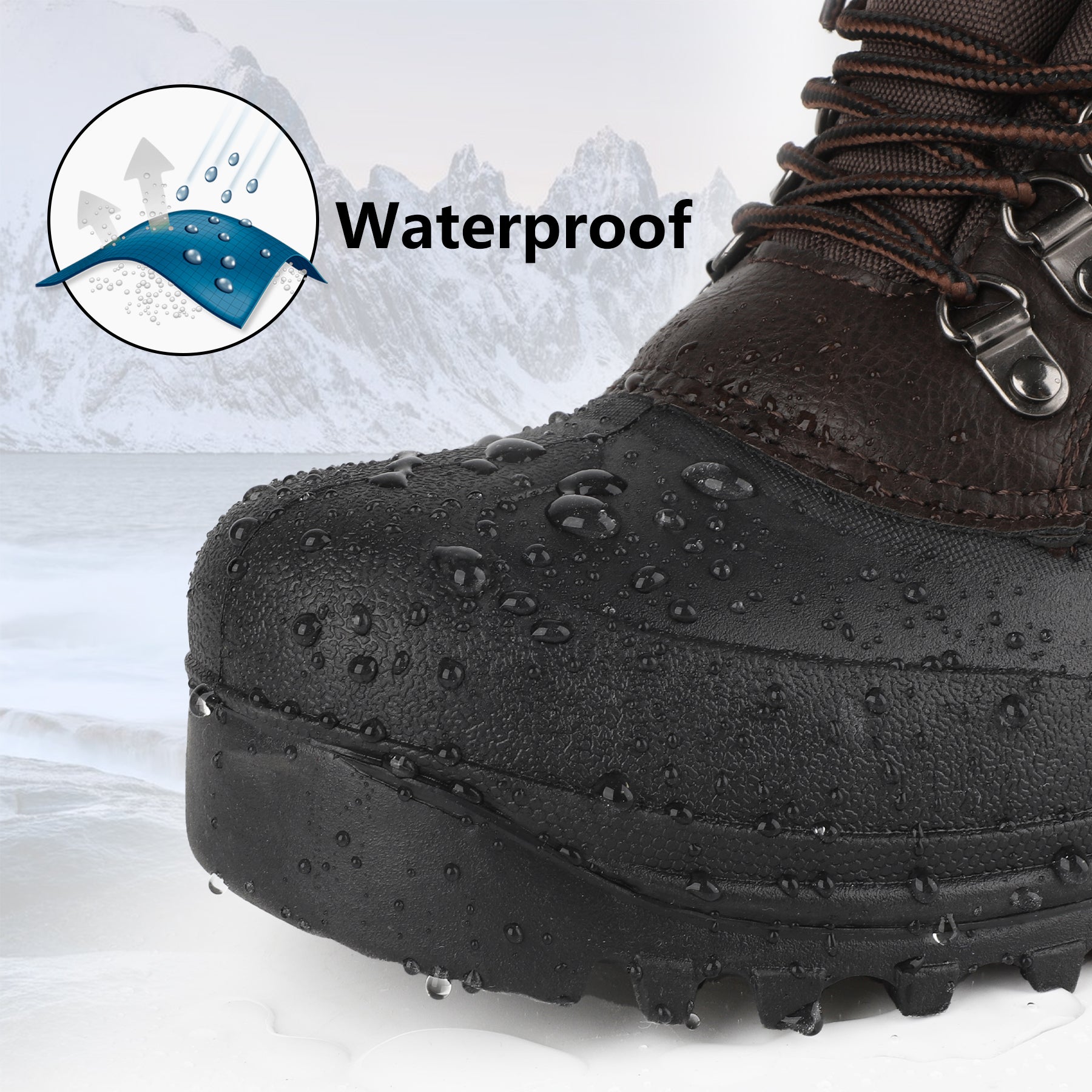 riemot Men's Snow Boots Brown Waterproof Lace-Up Winter Boots with Warm Fleece Lining