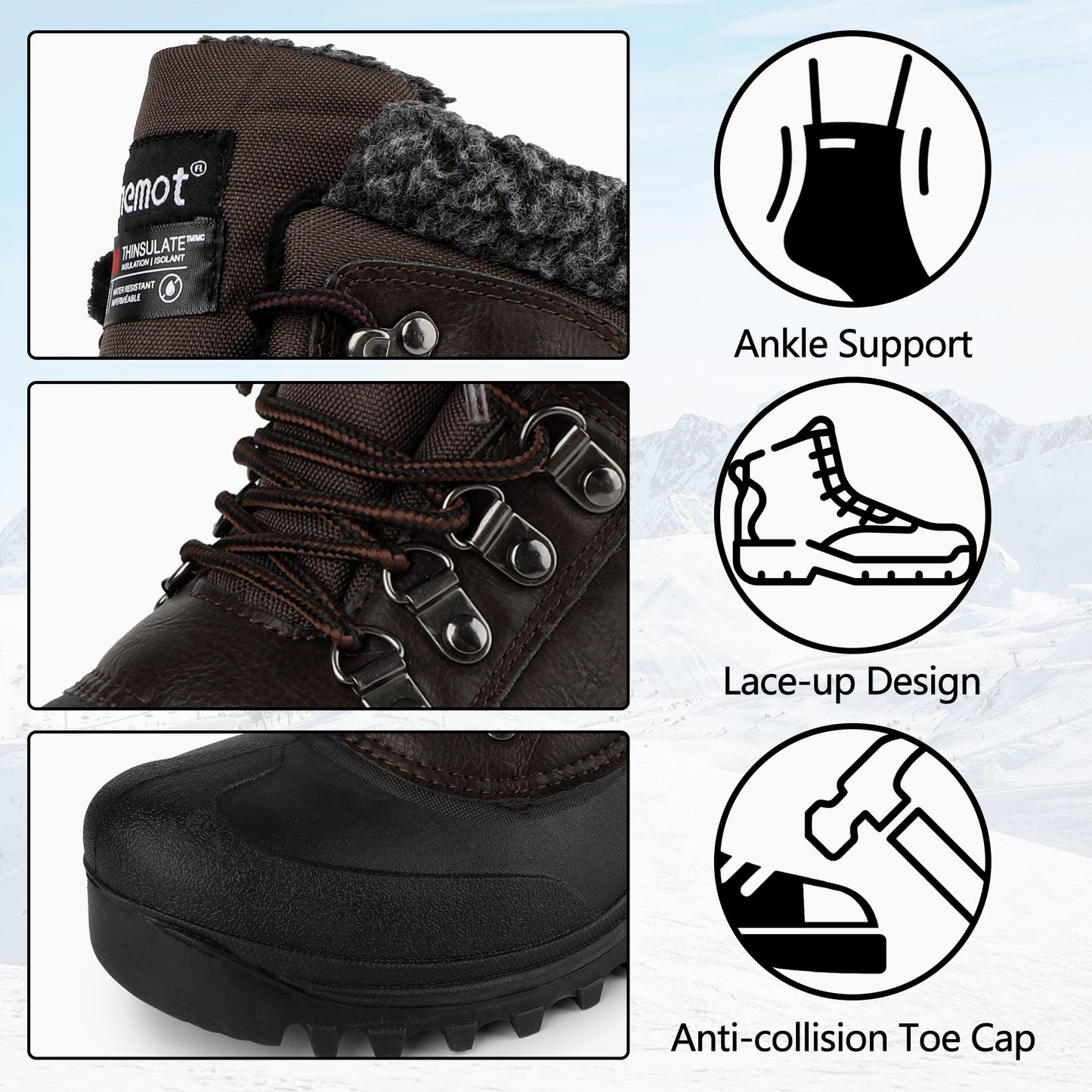 riemot Men's Snow Boots Brown Waterproof Lace-Up Winter Boots with Warm Fleece Lining