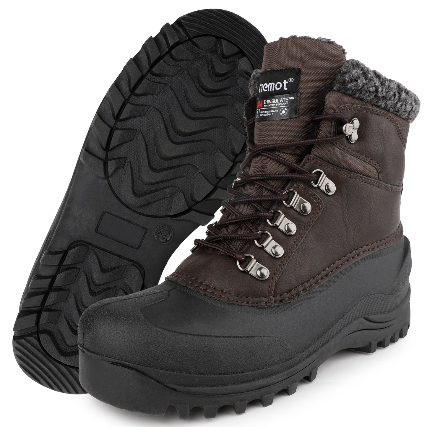 riemot Men's Snow Boots Brown Waterproof Lace-Up Winter Boots with Warm Fleece Lining