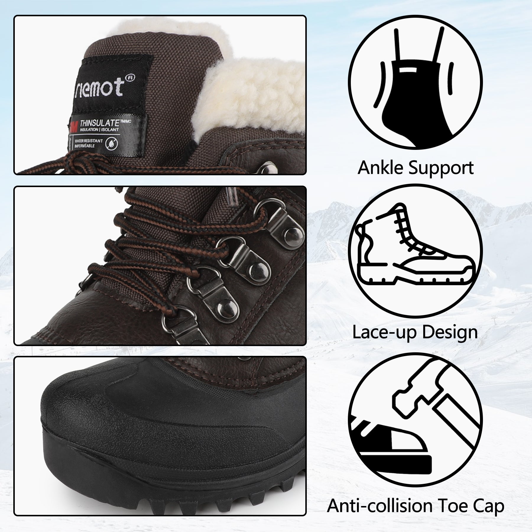 riemot Women's Snow Boots Brown Waterproof Lace-Up Winter Boots with Faux Fur Lining
