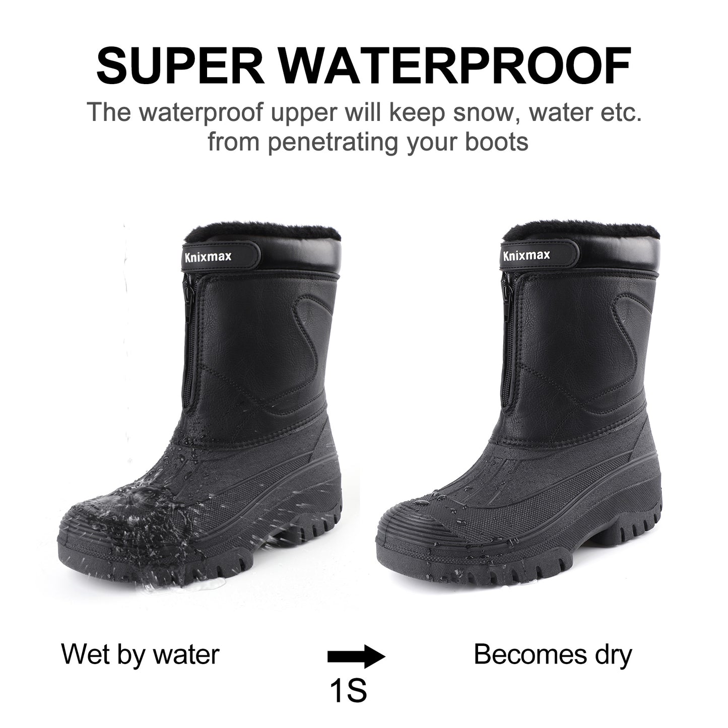 Knixmax Men's Snow Boots Black Waterproof & Fur Lined Winter Boots