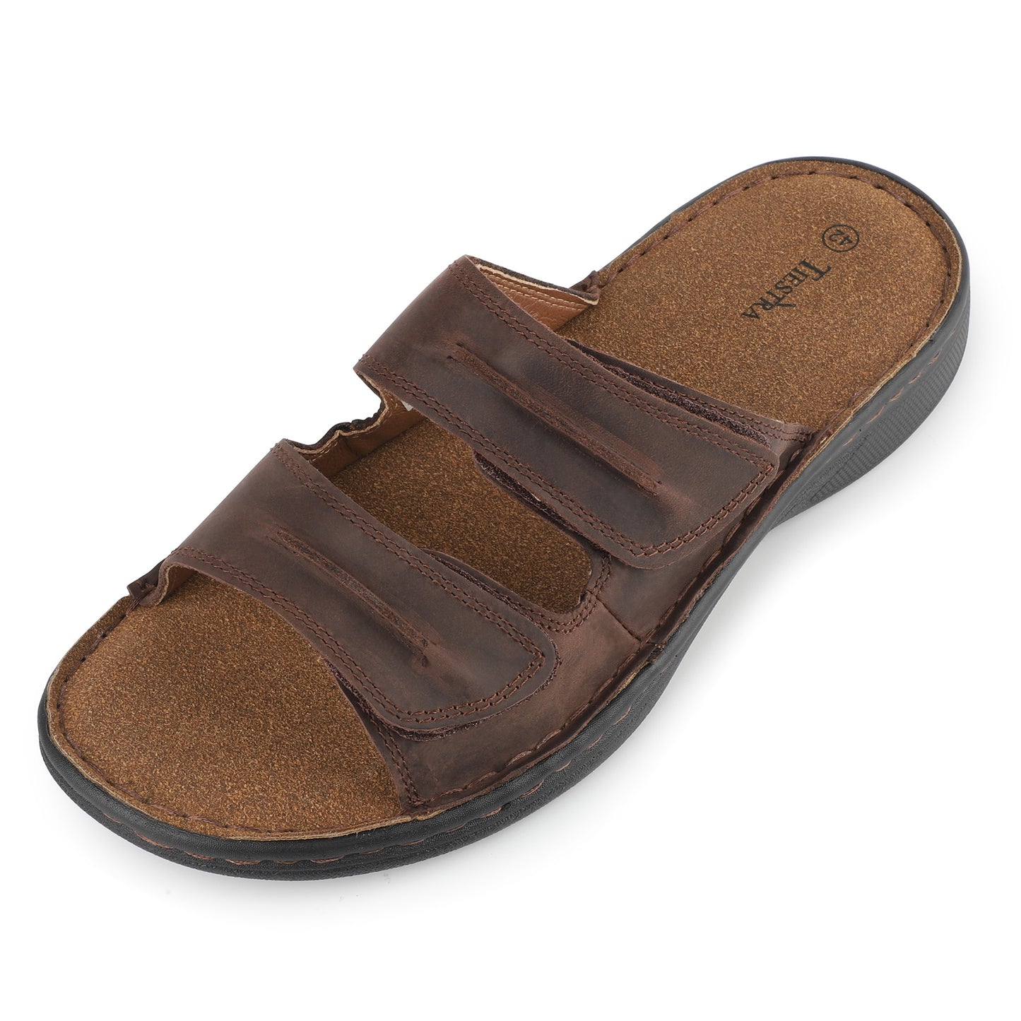TIESTRA Mens Slide Sandal Summer Beach Indoor and Outdoor Anti-skidding Slide Slippers with Two Adjustable Leather Straps