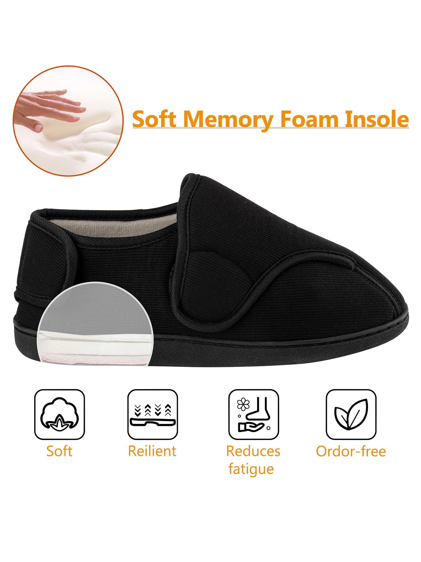 TIESTRA Wide Opening House Shoes Black Adjustable Indoor Shoes with Memory Foam