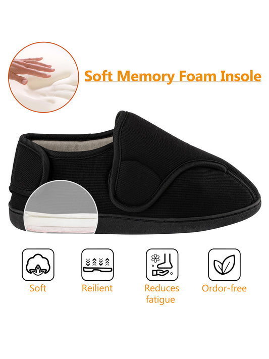 TIESTRA Wide Opening House Shoes Black Adjustable Indoor Shoes with Memory Foam