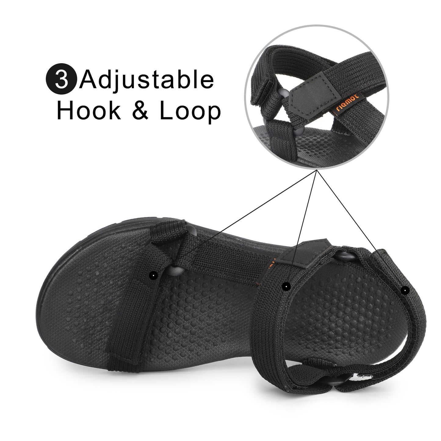 riemot Adjustable Sport Sandals Black Walking Sandals with Cushioned Footbed