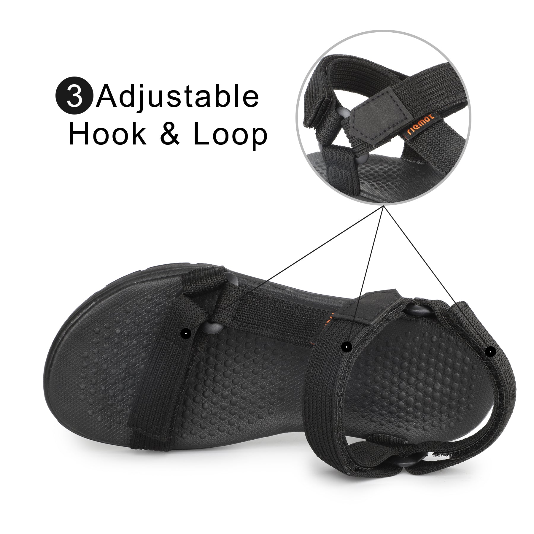riemot Adjustable Sport Sandals Black Walking Sandals with Cushioned Footbed