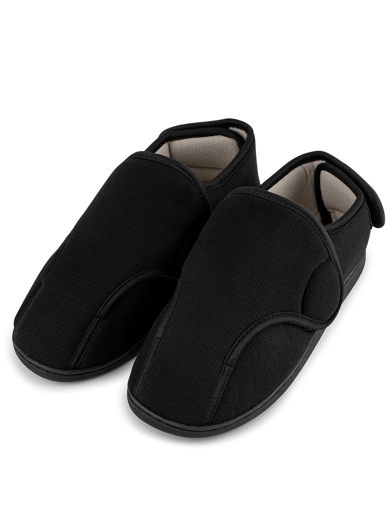 TIESTRA Wide Opening House Shoes Black Adjustable Indoor Shoes with Memory Foam