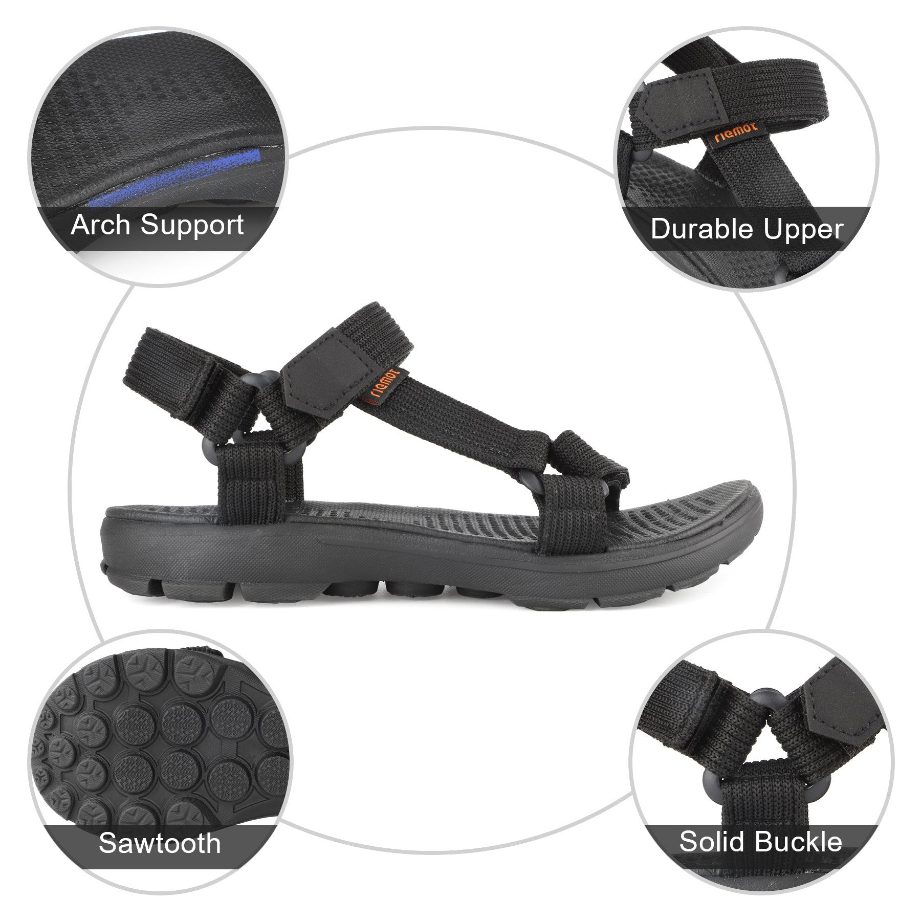 riemot Adjustable Sport Sandals Black Walking Sandals with Cushioned Footbed