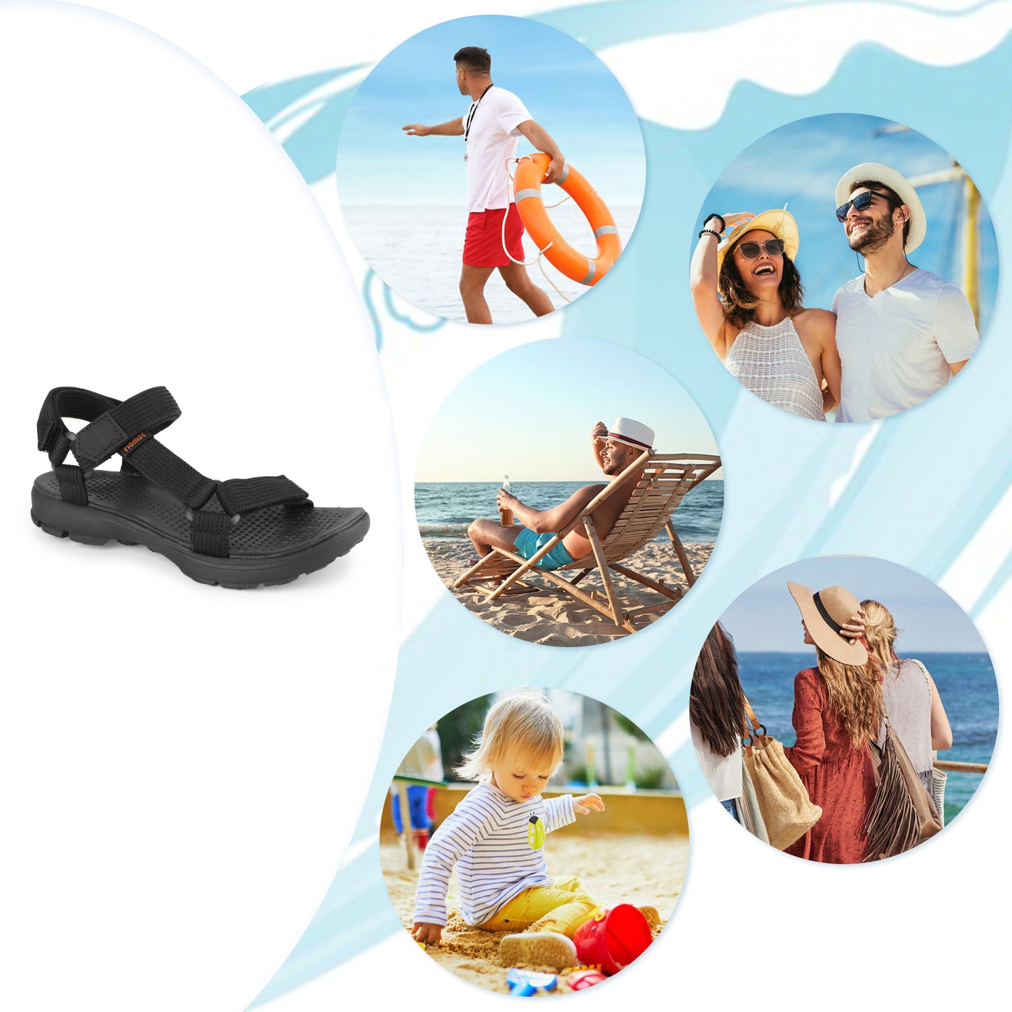 riemot Adjustable Sport Sandals Black Walking Sandals with Cushioned Footbed